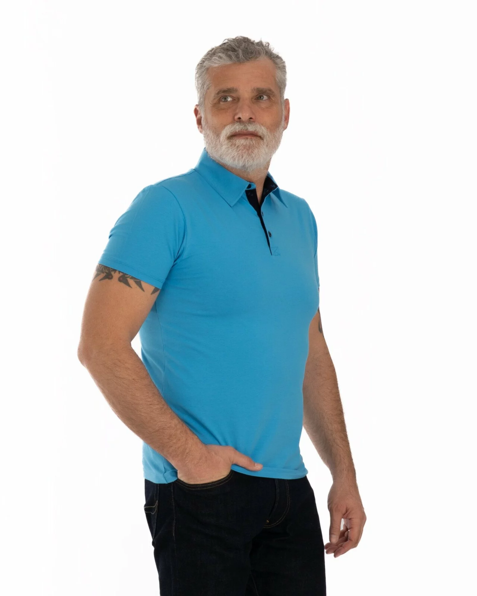 Tricou polo albastru bumbac elastan cu detalii contrast