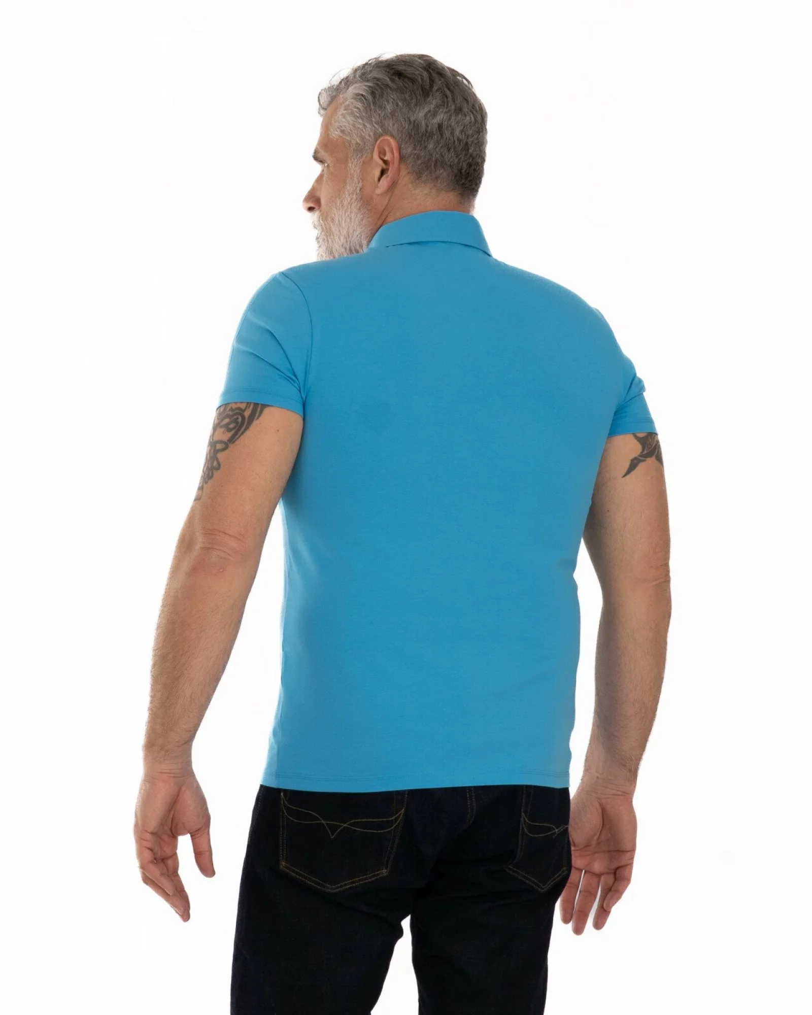 Tricou polo albastru bumbac elastan cu detalii contrast