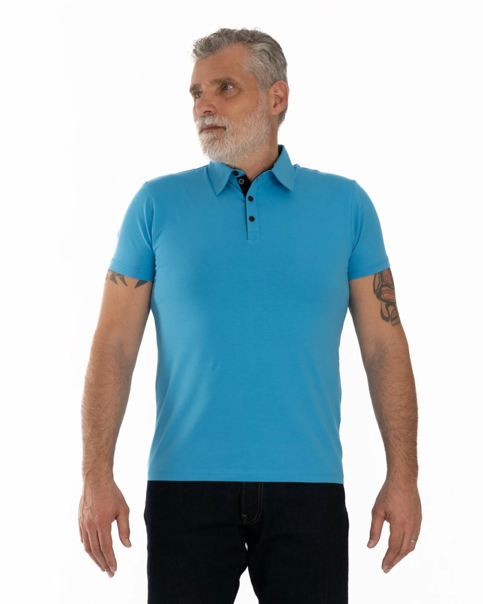 Tricou polo albastru bumbac elastan cu detalii contrast