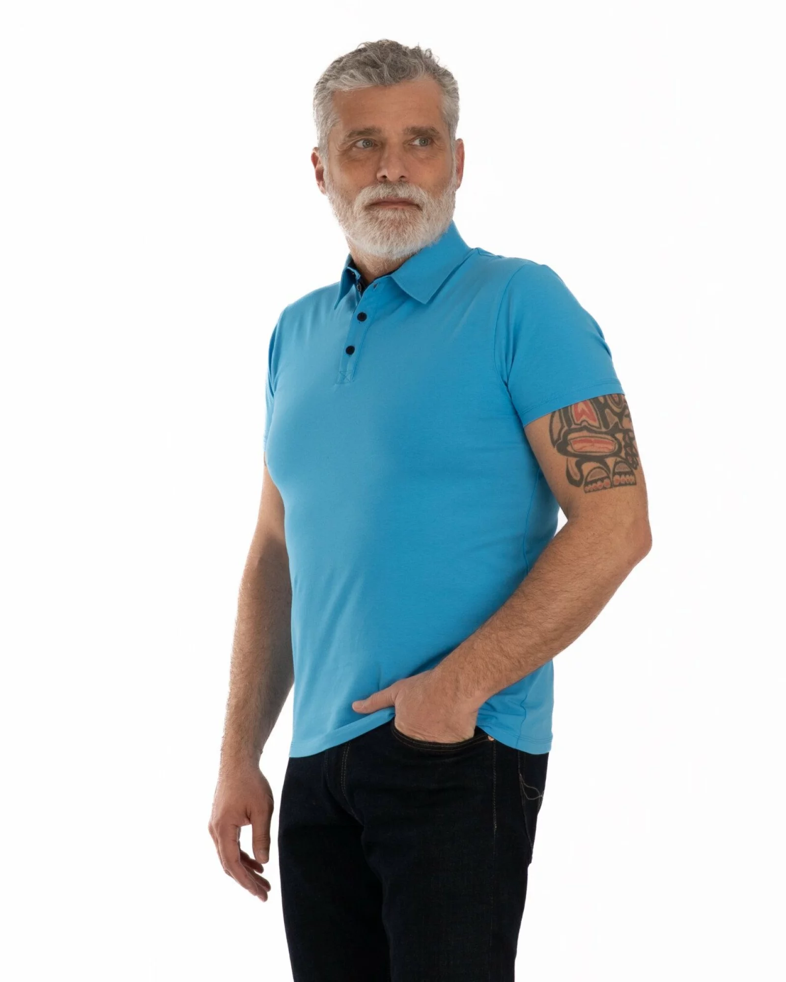 Tricou polo albastru bumbac elastan cu detalii contrast