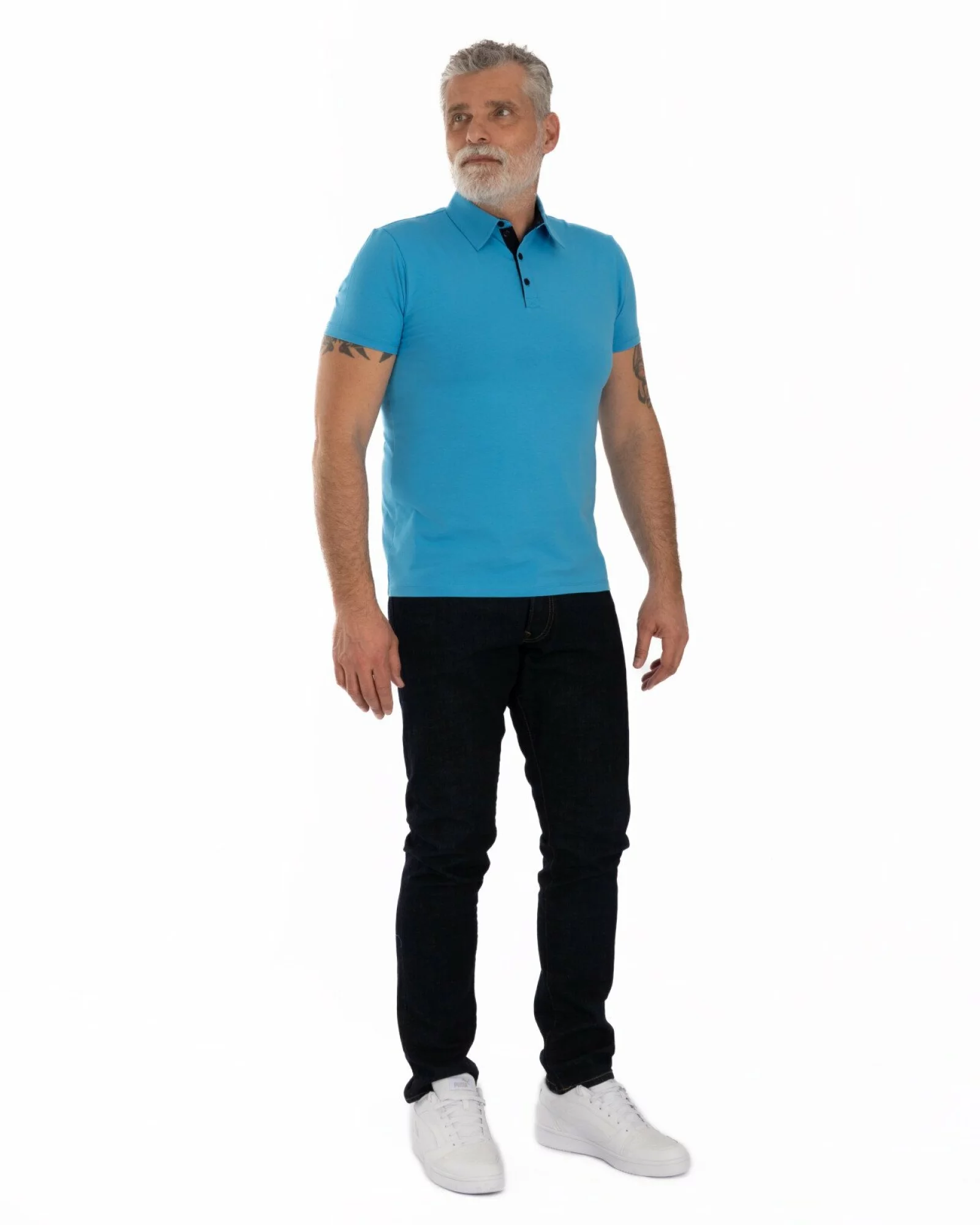 Tricou polo albastru bumbac elastan cu detalii contrast