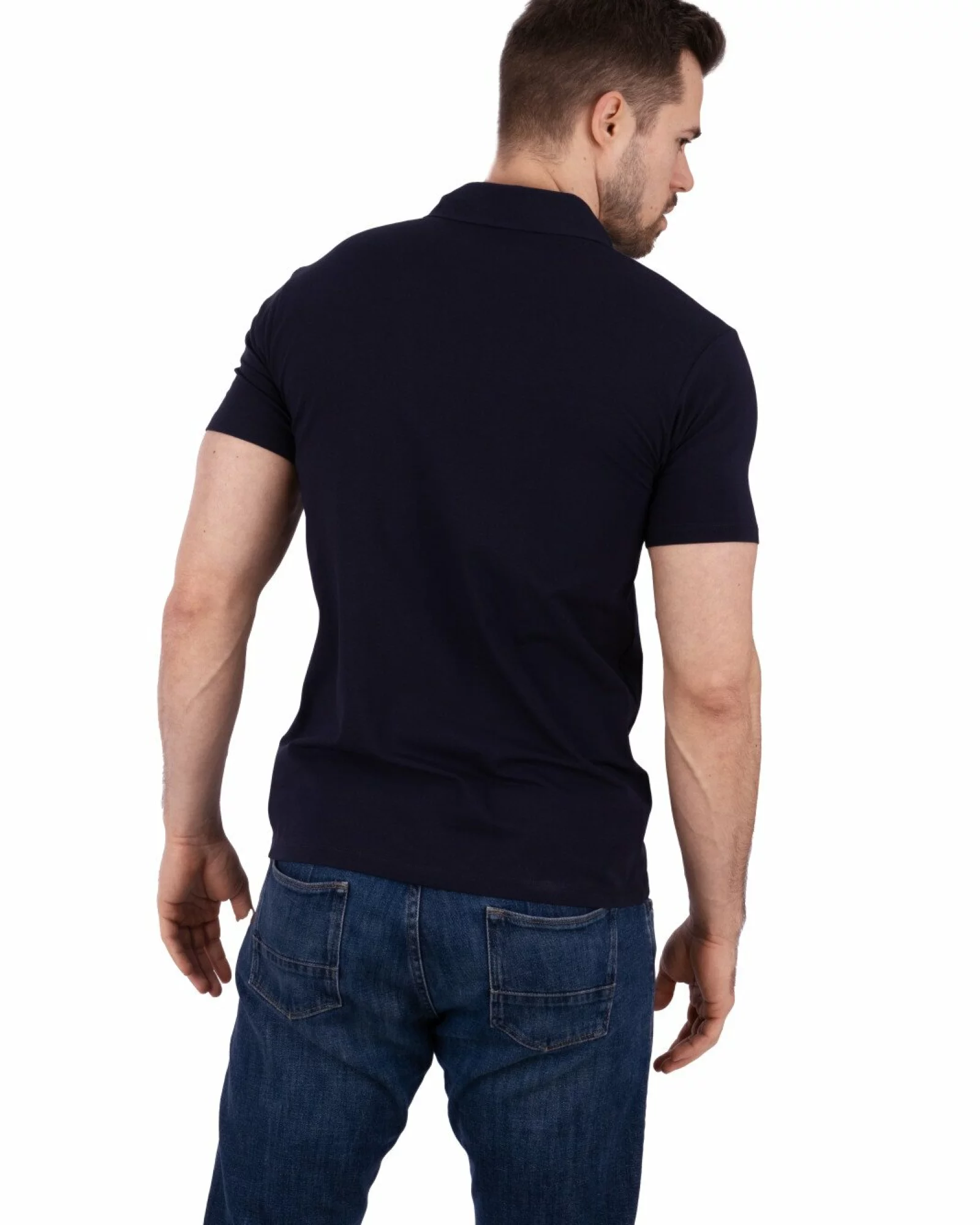Tricou polo bleumarin bumbac elastan cu detalii contrast