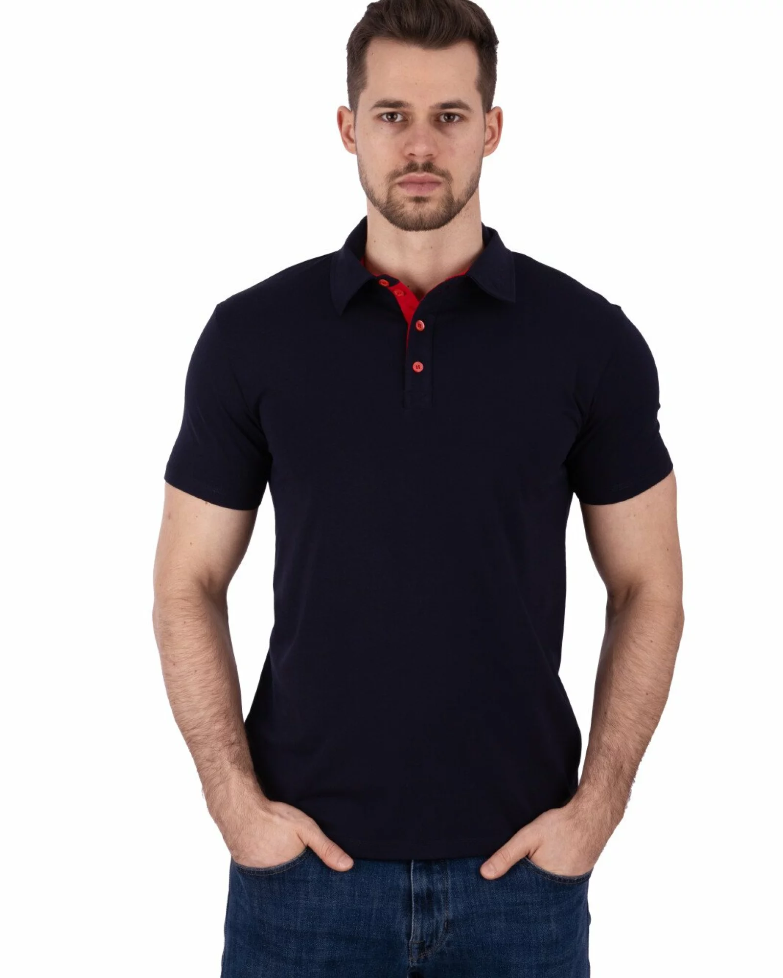 Tricou polo bleumarin bumbac elastan cu detalii contrast