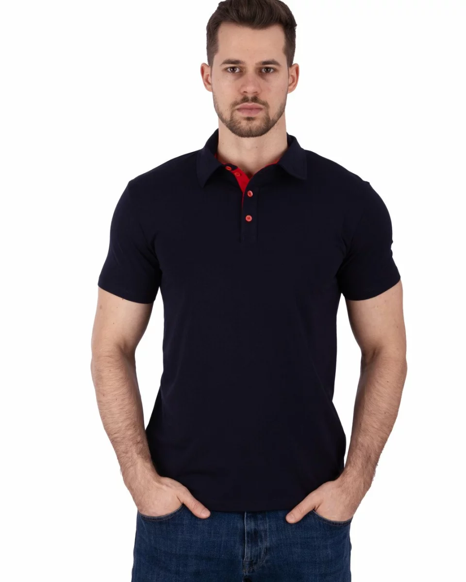 Tricou polo bleumarin bumbac elastan cu detalii contrast