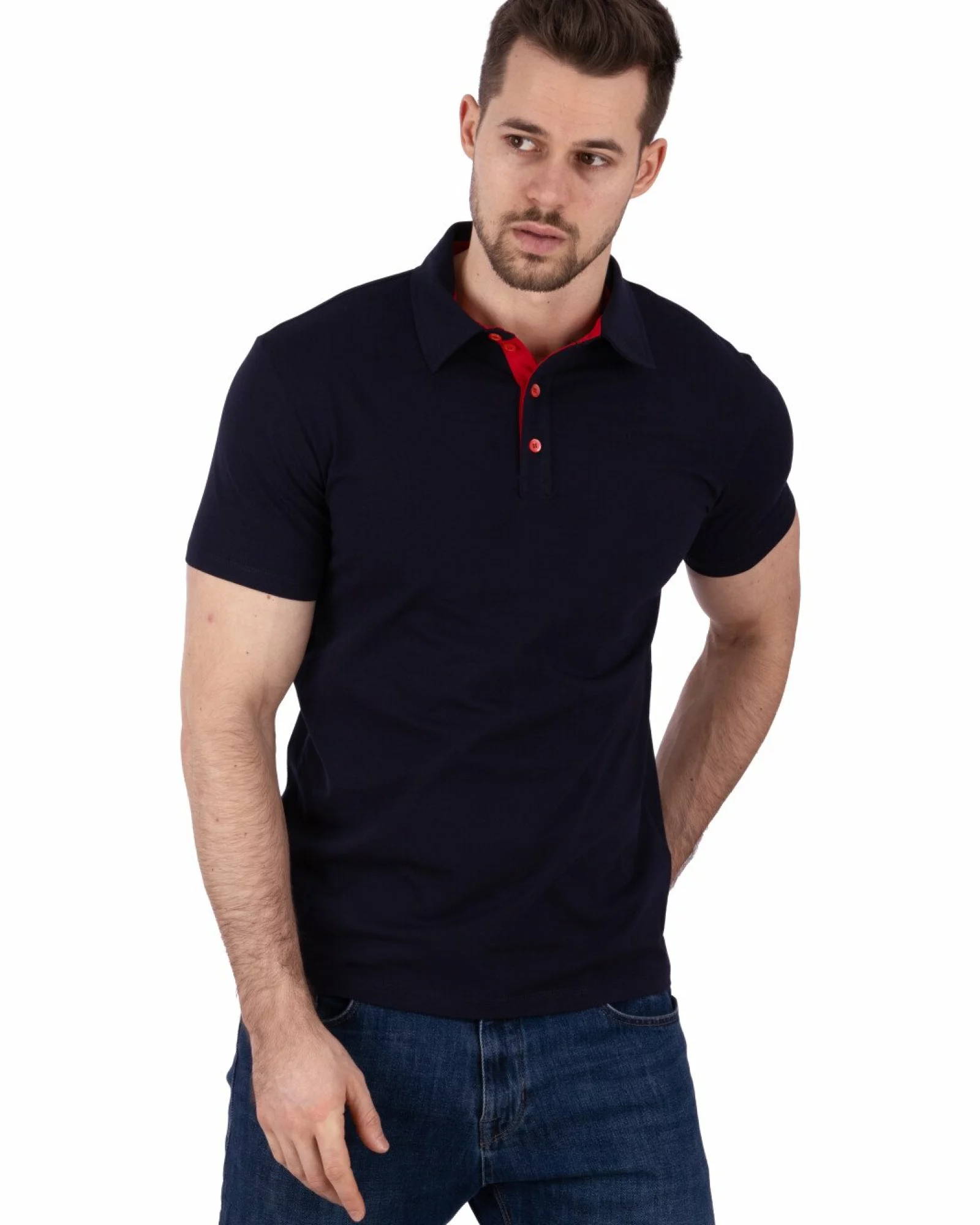 Tricou polo bleumarin bumbac elastan cu detalii contrast