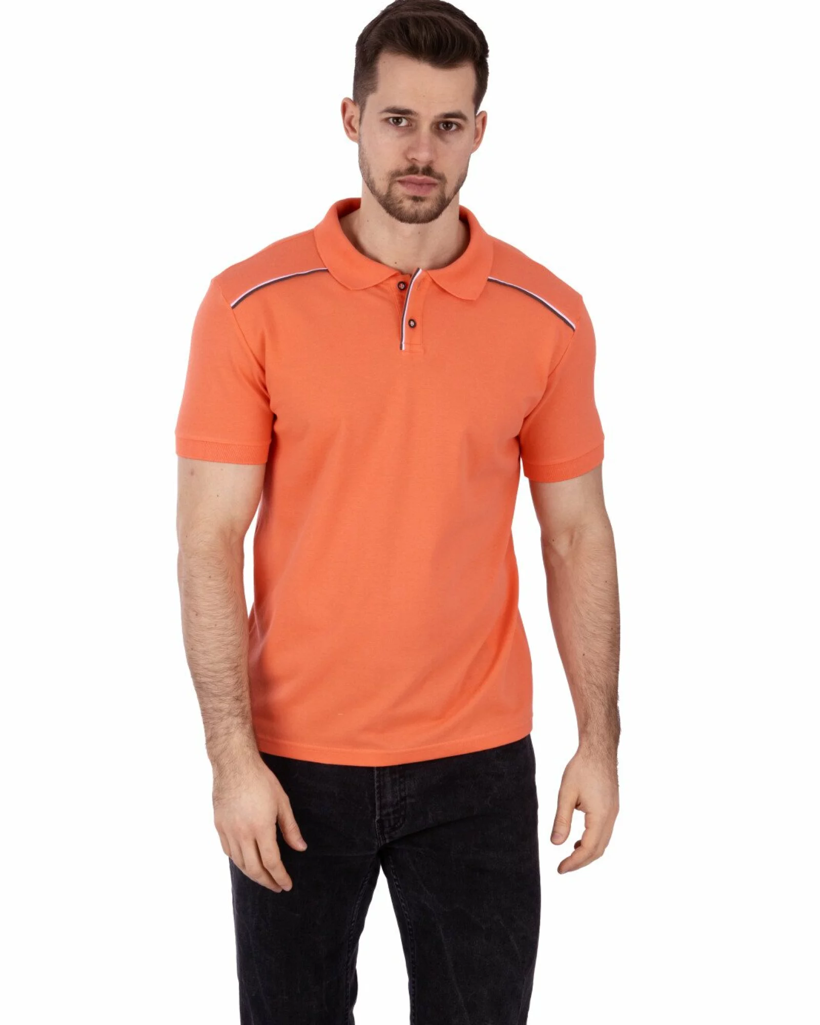 Tricou polo pique coral cu linii contrastante