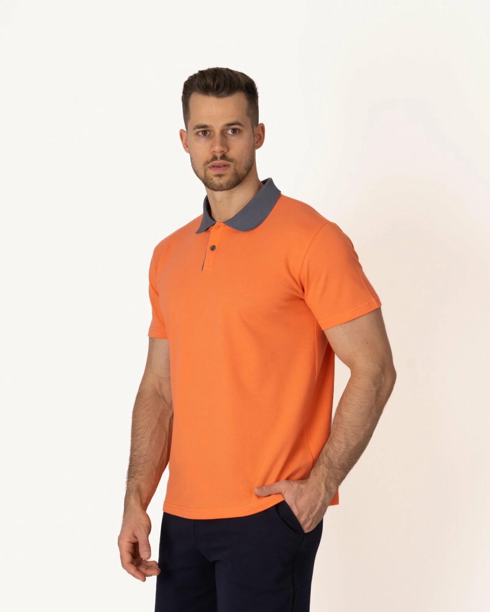 Tricou polo pique portocaliu detalii contrast