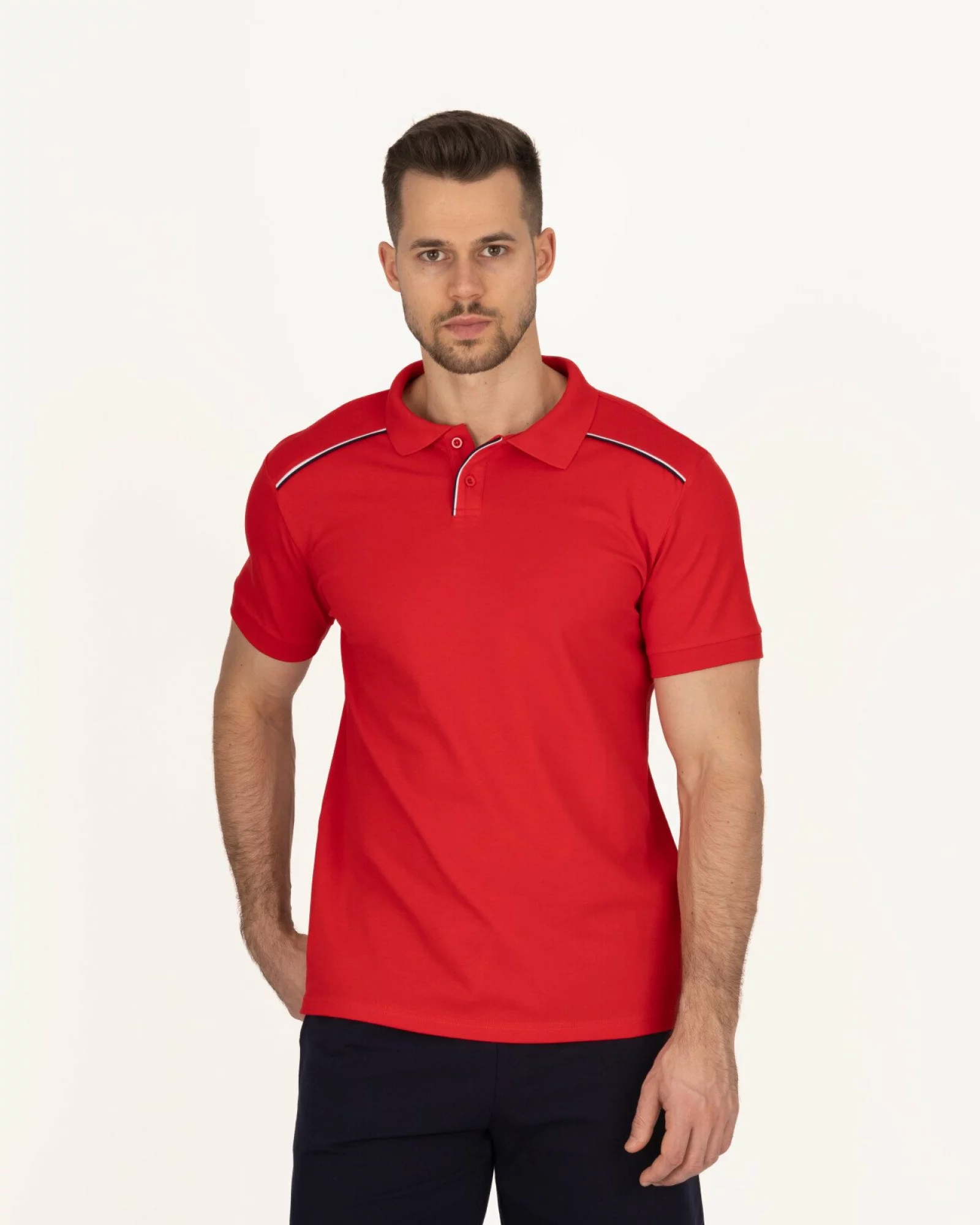 Tricou polo pique roșu cu linii contrastante