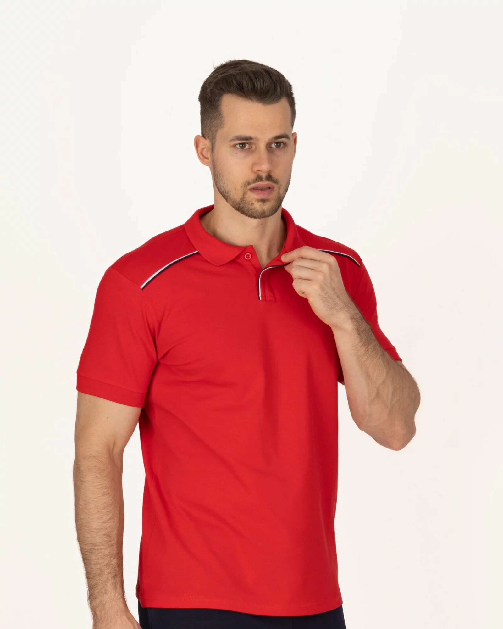 Tricou polo pique roșu cu linii contrastante
