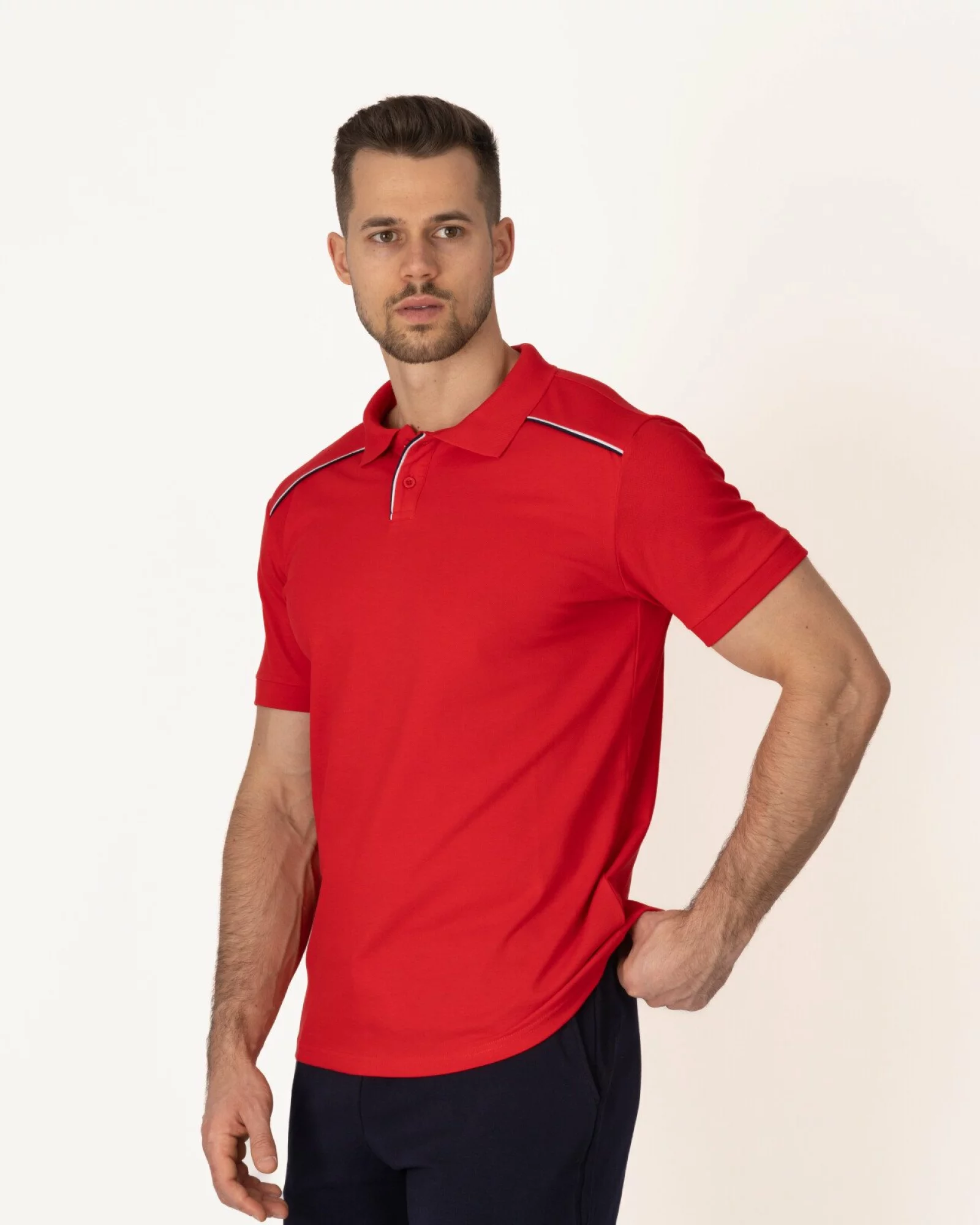 Tricou polo pique roșu cu linii contrastante