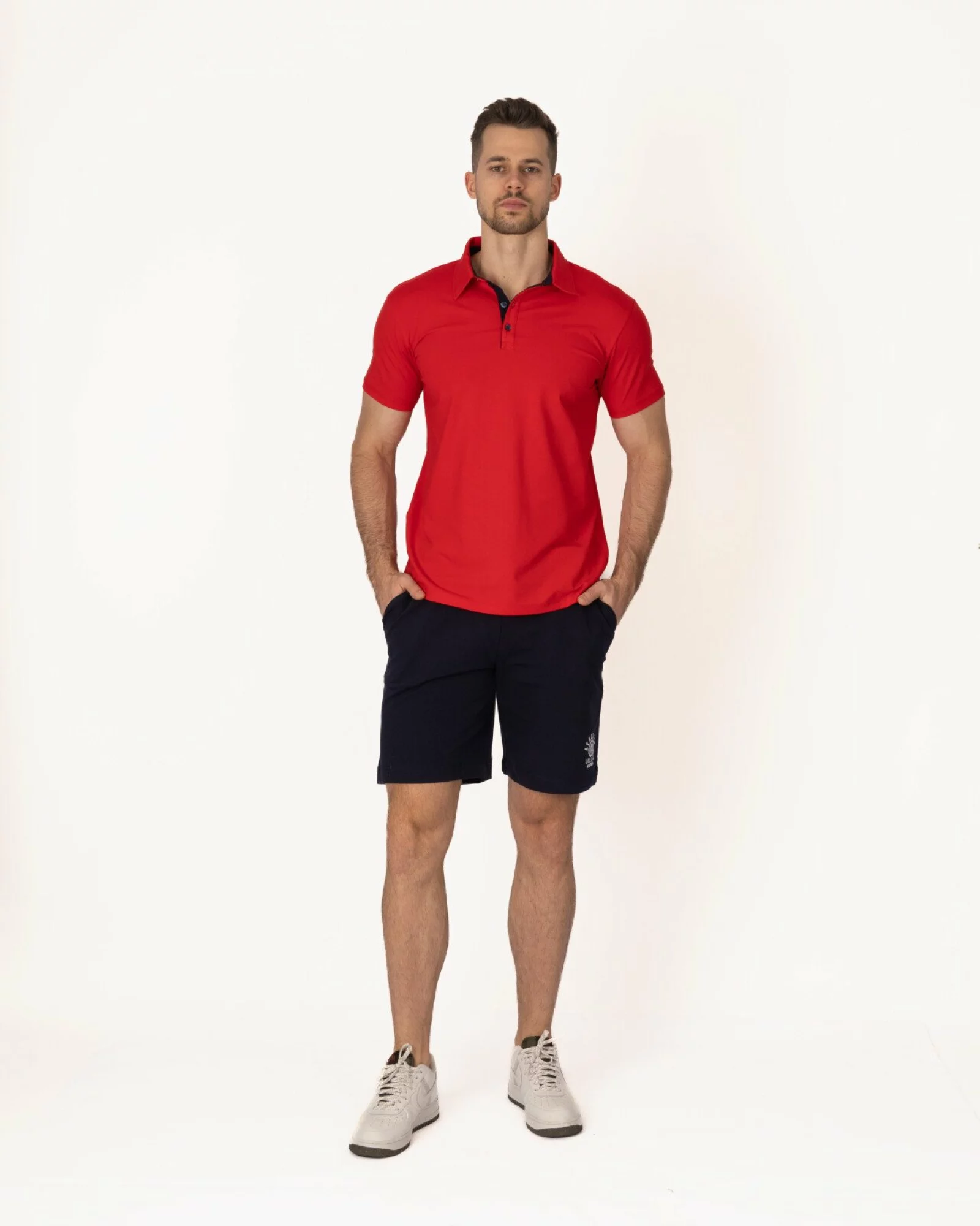 Tricou polo roșu bumbac elastan cu detalii contrast