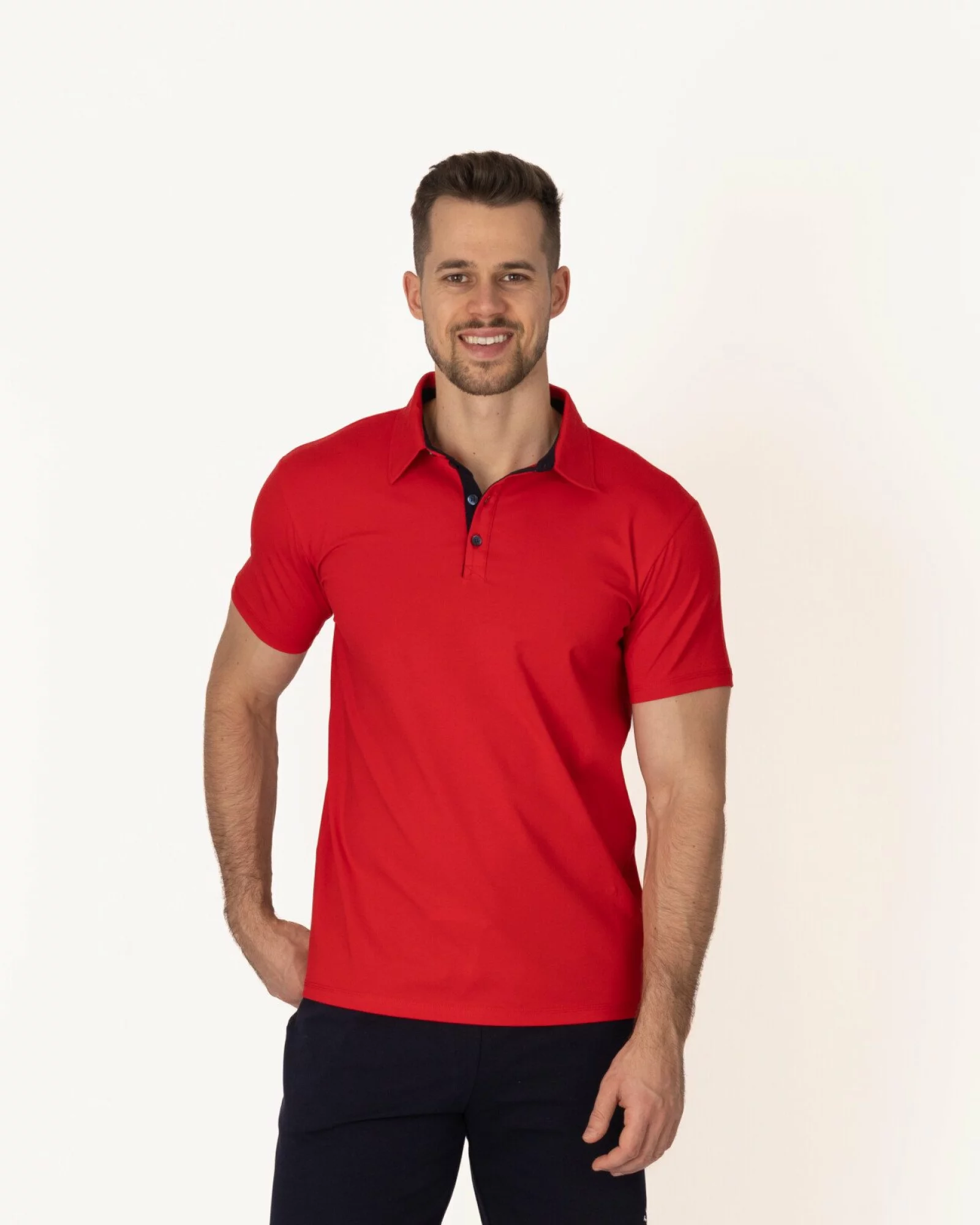 Tricou polo roșu bumbac elastan cu detalii contrast