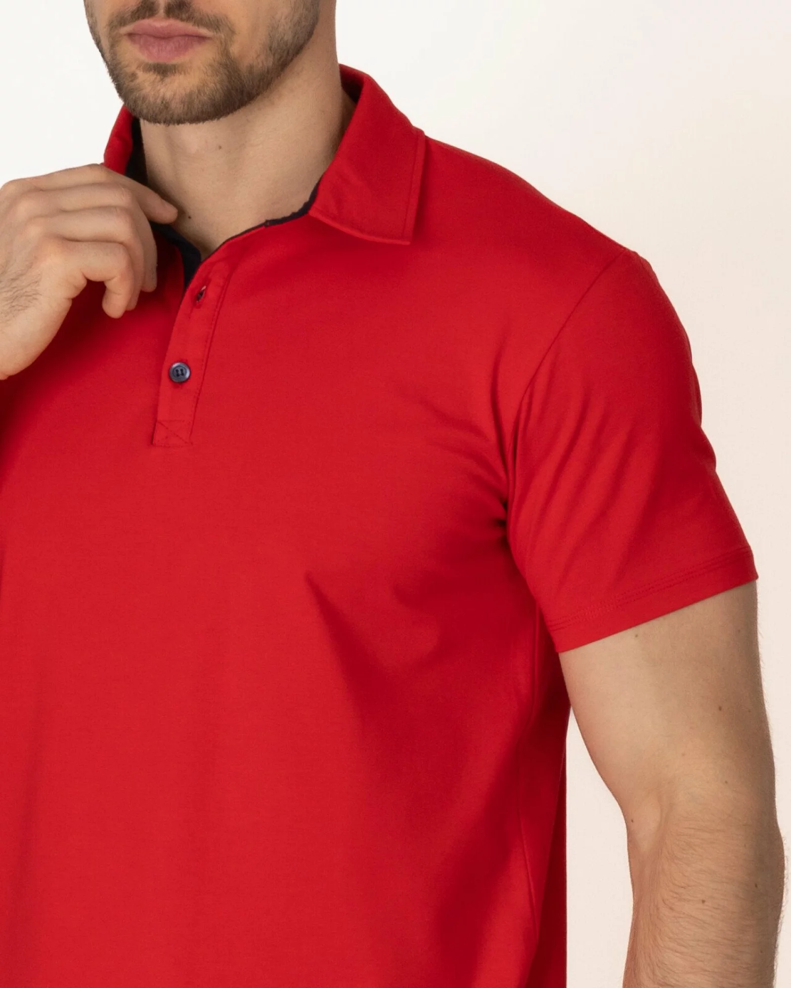 Tricou polo roșu bumbac elastan cu detalii contrast