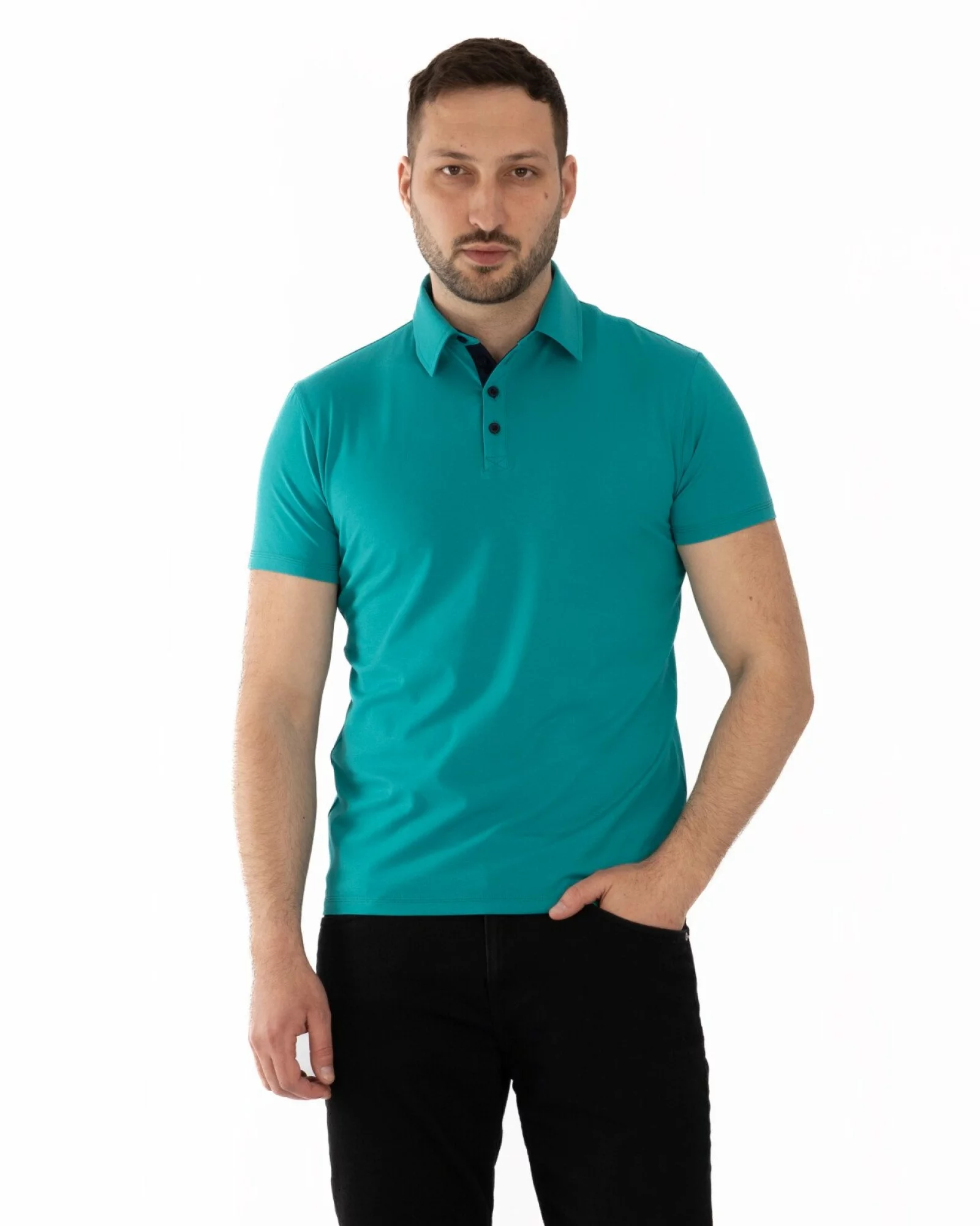 Tricou polo turcoaz bumbac elastan cu detalii contrast