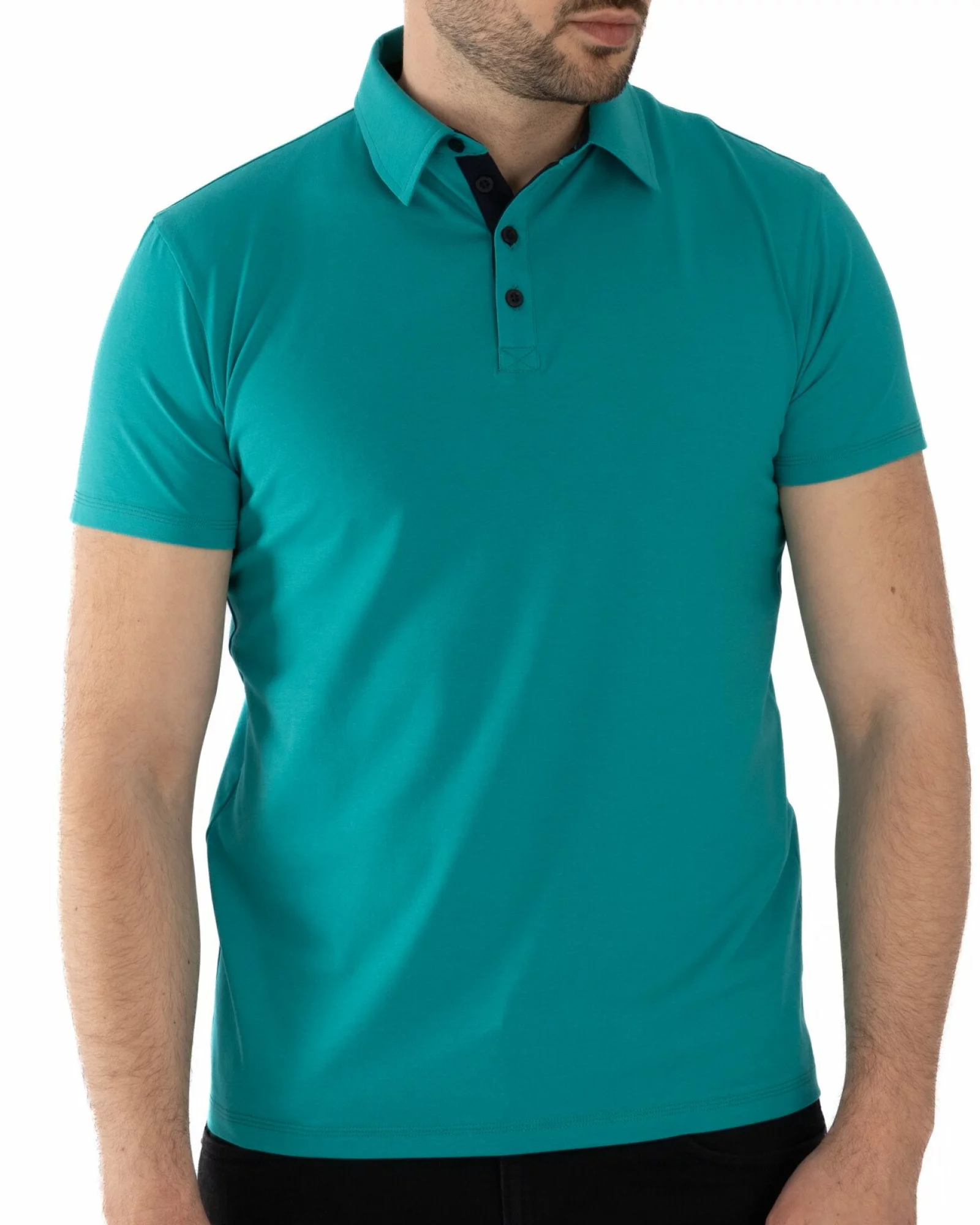 Tricou polo turcoaz bumbac elastan cu detalii contrast
