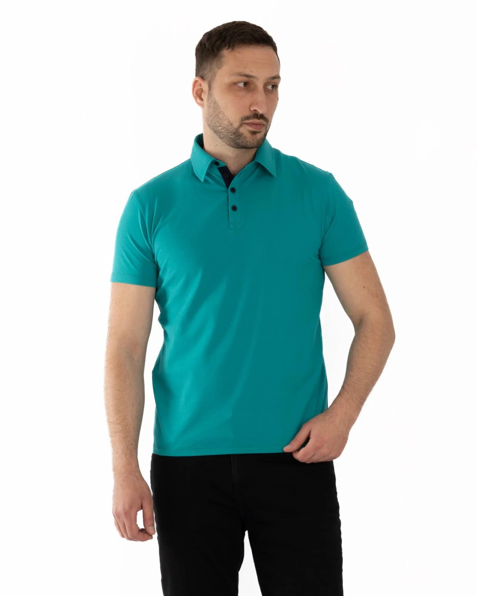 Tricou polo turcoaz bumbac elastan cu detalii contrast