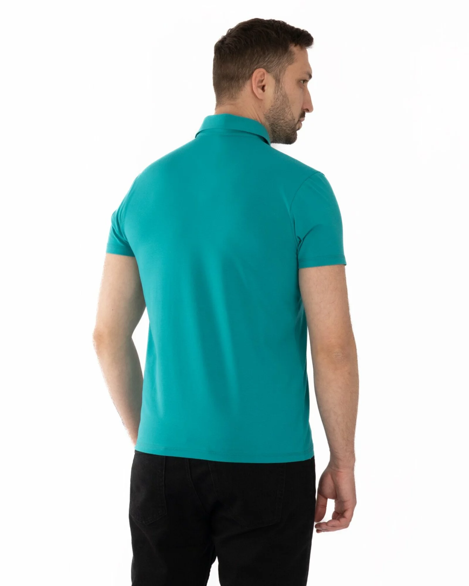 Tricou polo turcoaz bumbac elastan cu detalii contrast