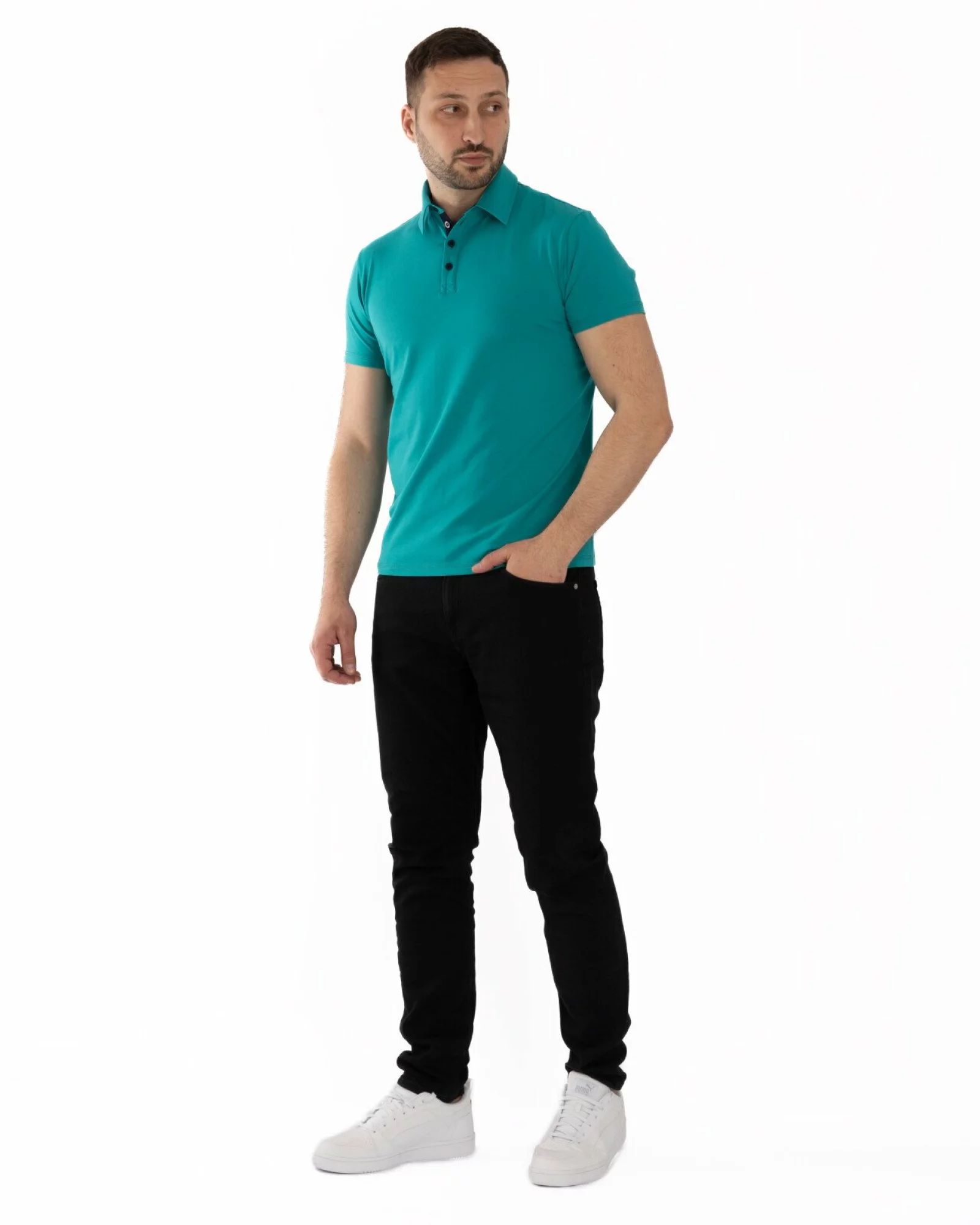 Tricou polo turcoaz bumbac elastan cu detalii contrast