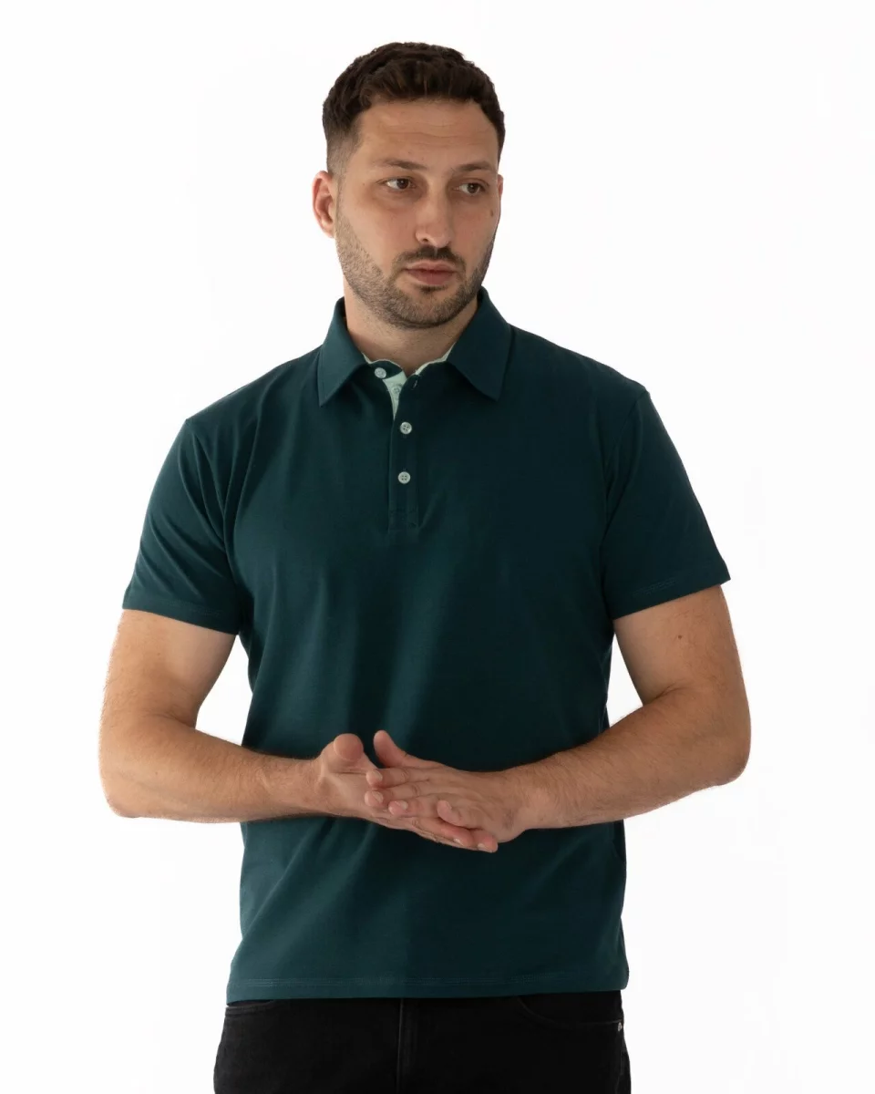 Tricou polo verde bumbac elastan cu detalii contrast