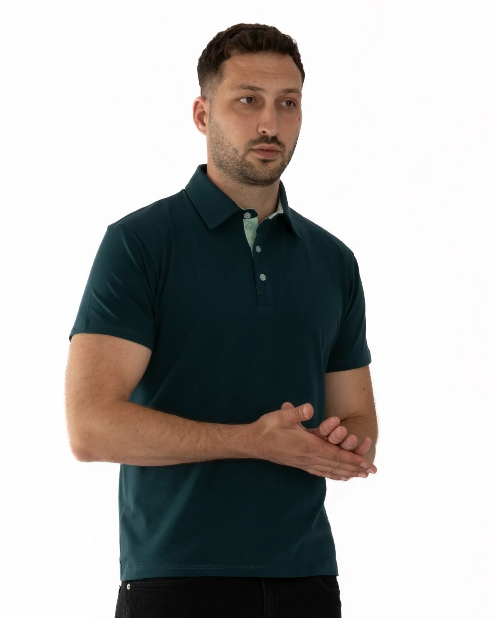 Tricou polo verde bumbac elastan cu detalii contrast
