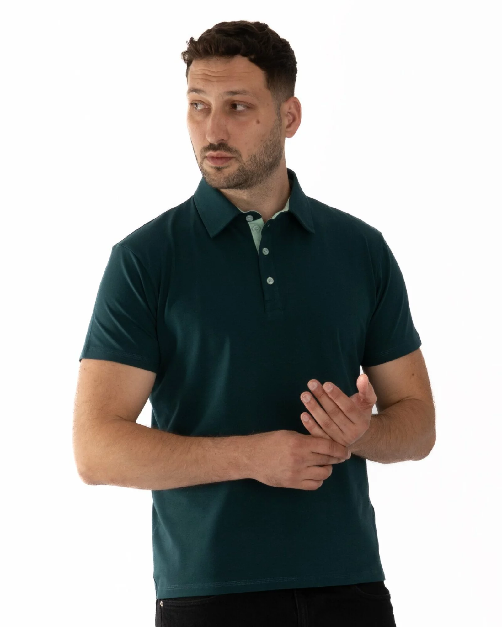 Tricou polo verde bumbac elastan cu detalii contrast