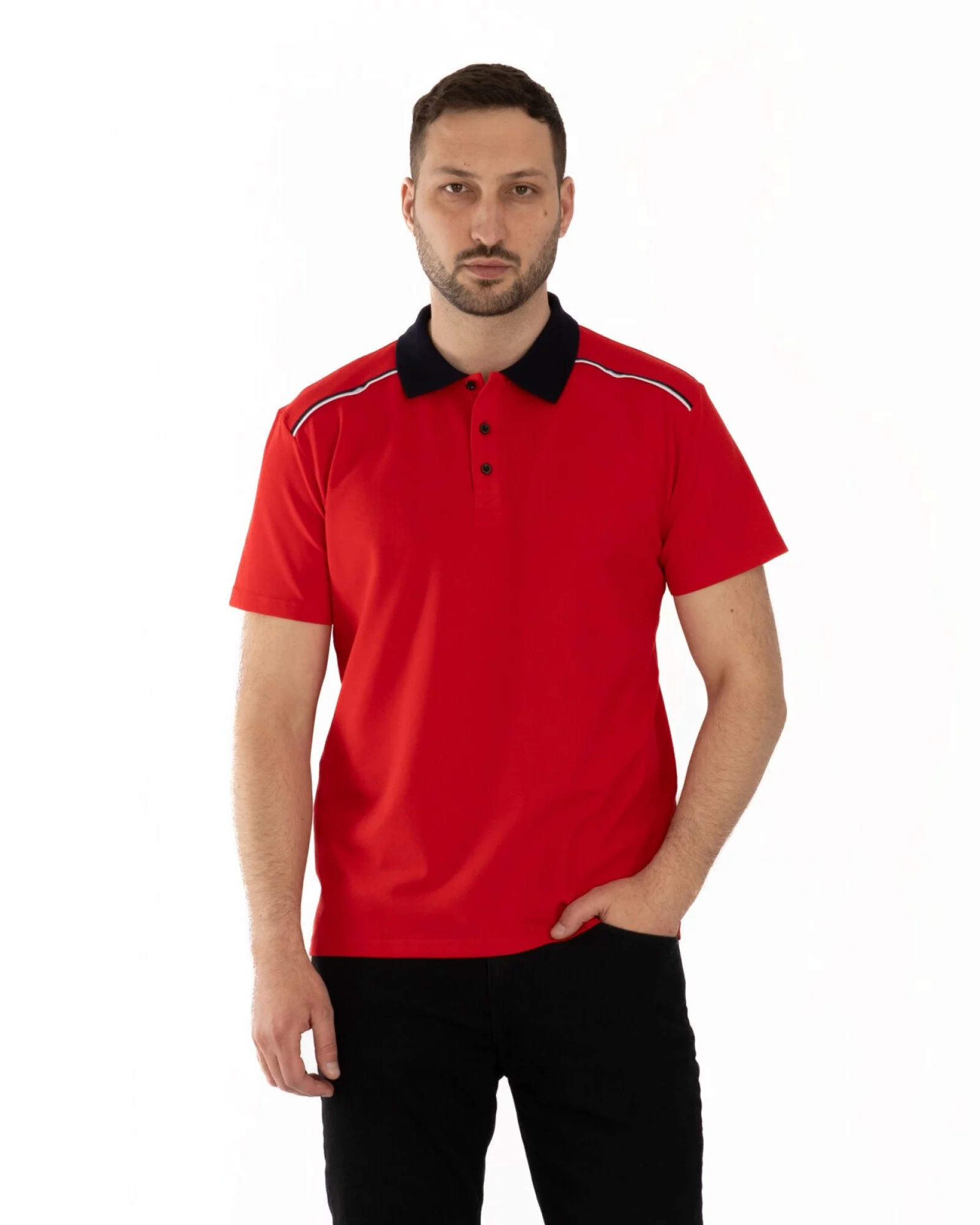 Tricou polo pique roșu detalii contrast