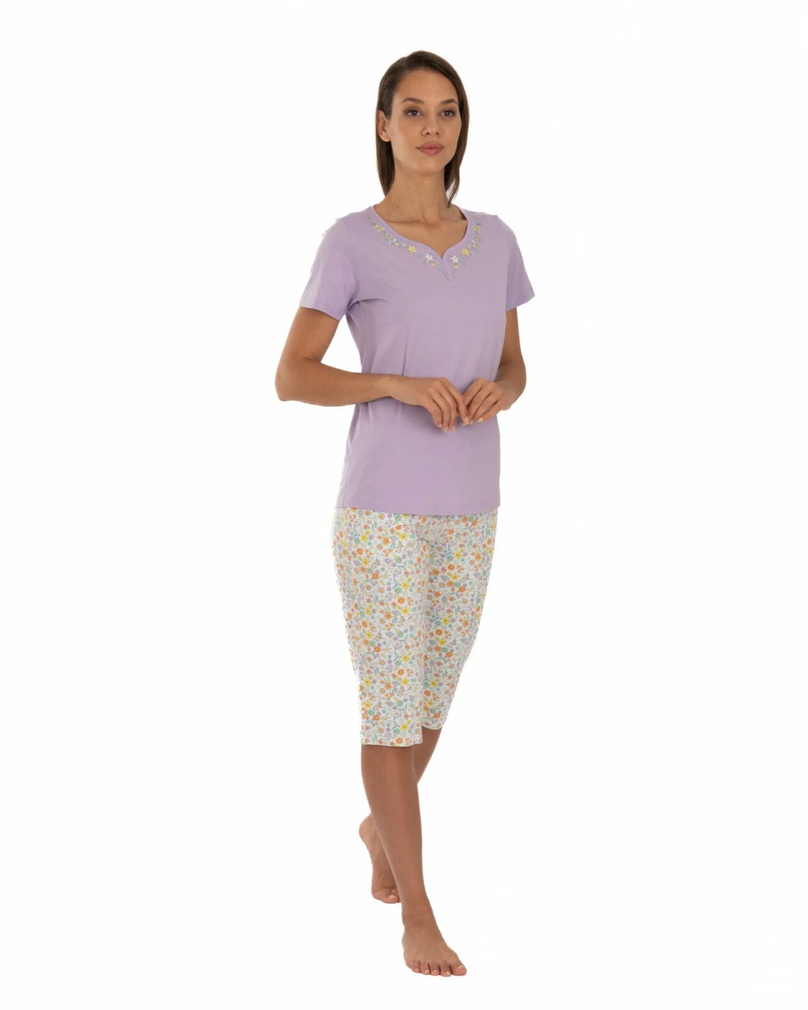Pijama lila din bumbac cu decolteu decorat