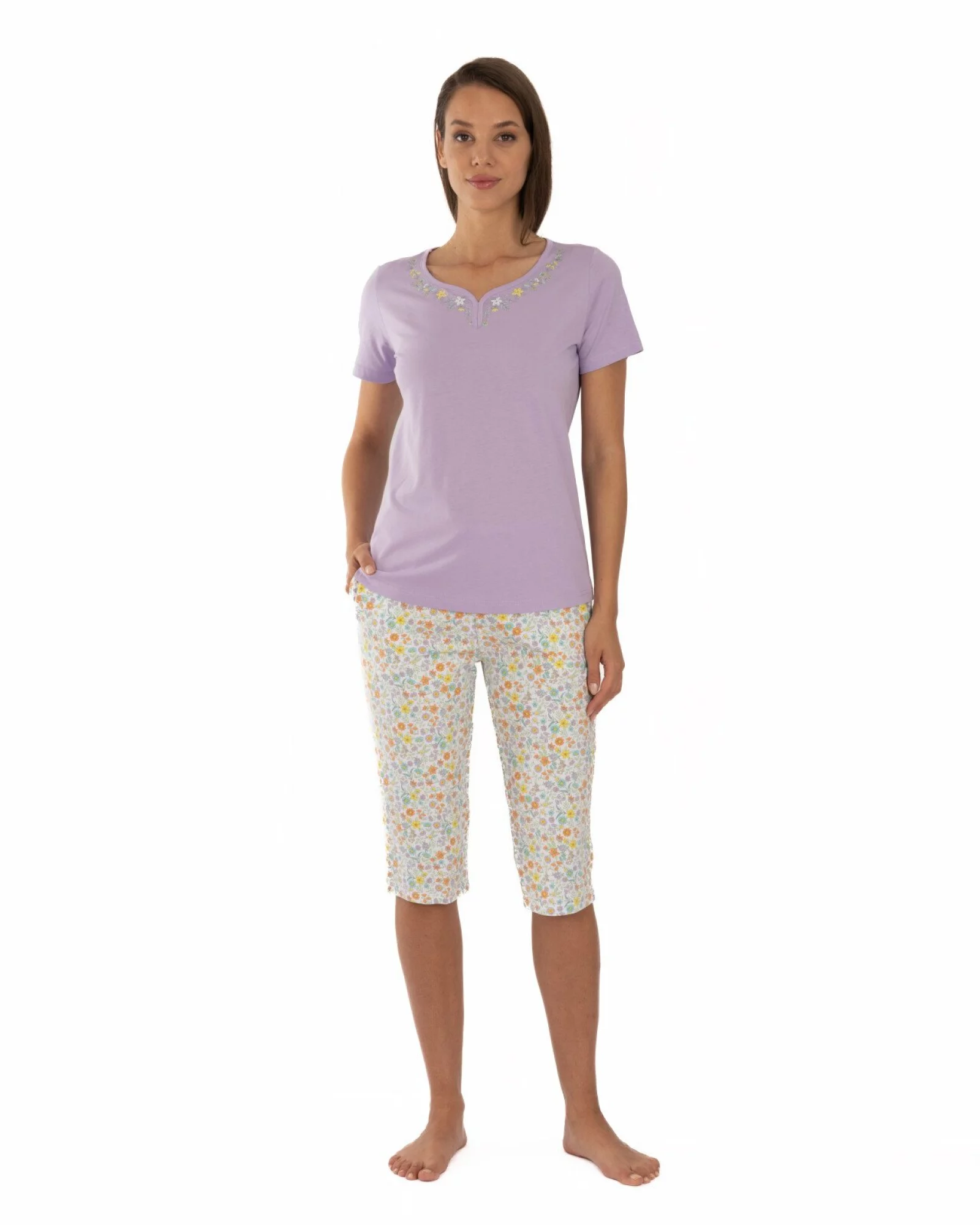 Pijama lila din bumbac cu decolteu decorat
