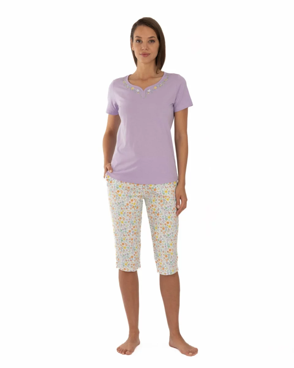 Pijama lila din bumbac cu decolteu decorat