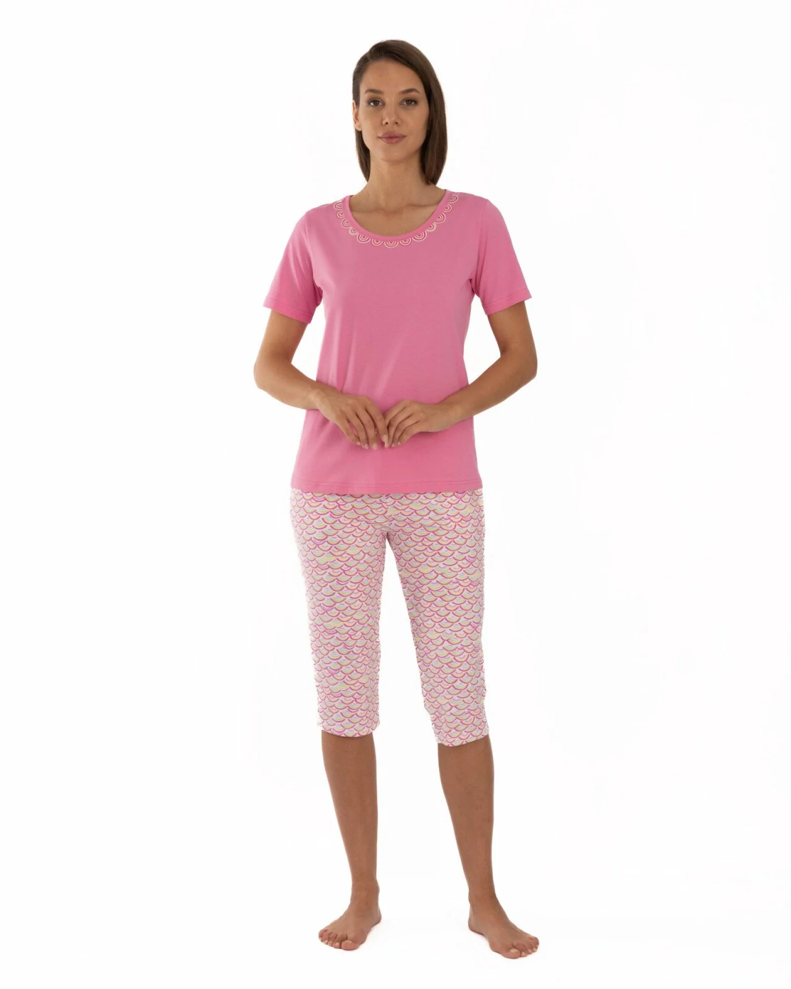 Pijama roz flamingo din bumbac cu decolteu decorat