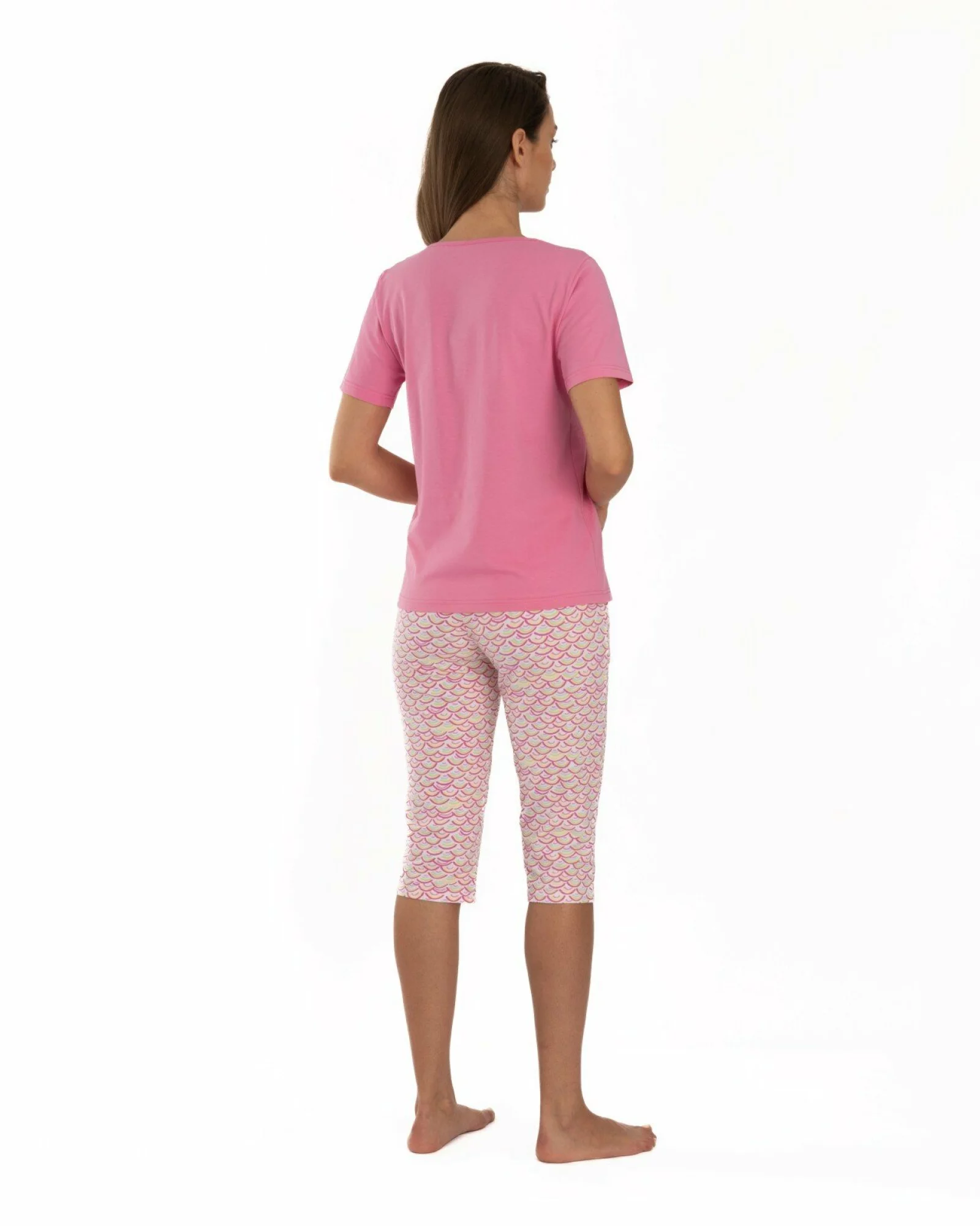 Pijama roz flamingo din bumbac cu decolteu decorat
