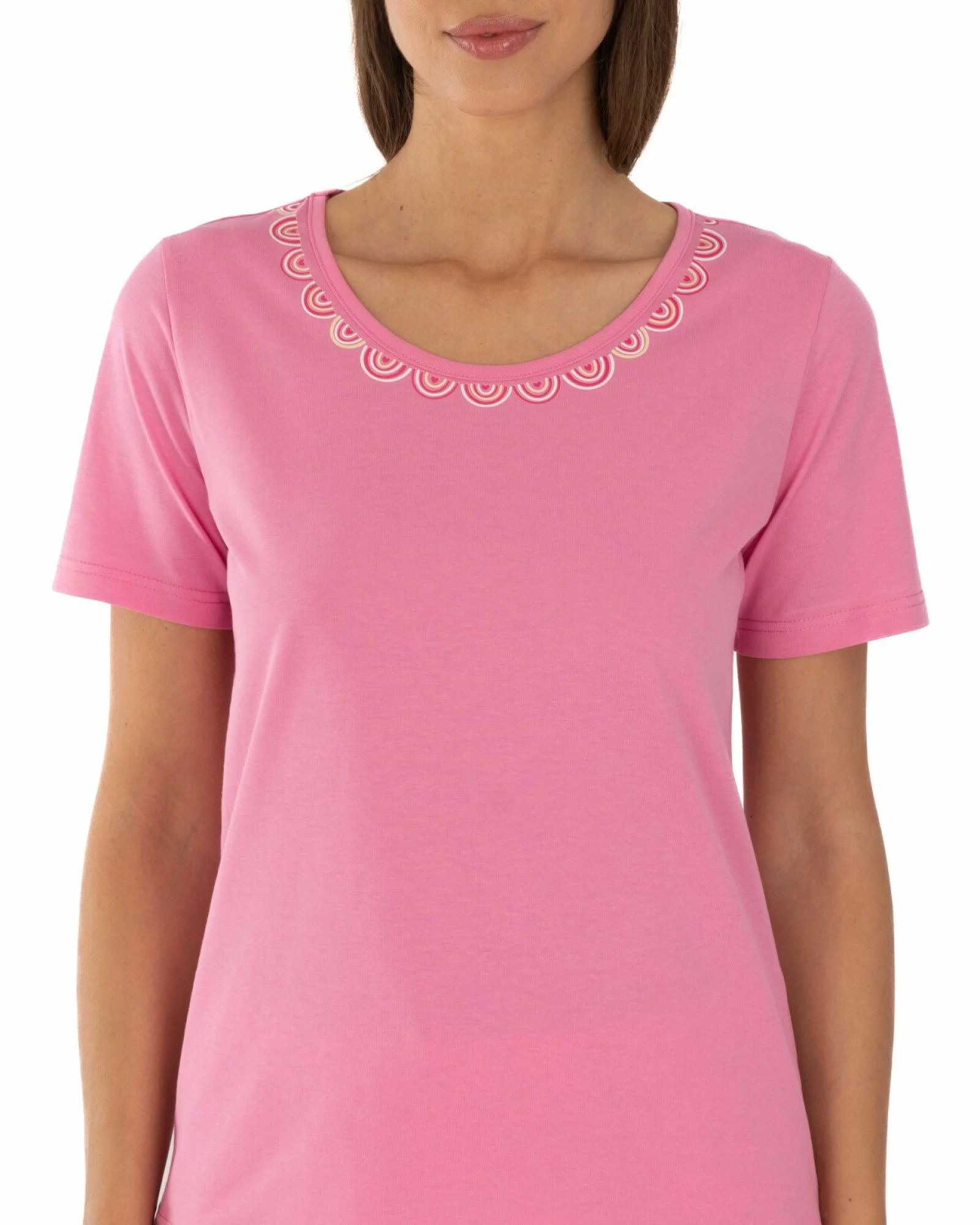 Pijama roz flamingo din bumbac cu decolteu decorat