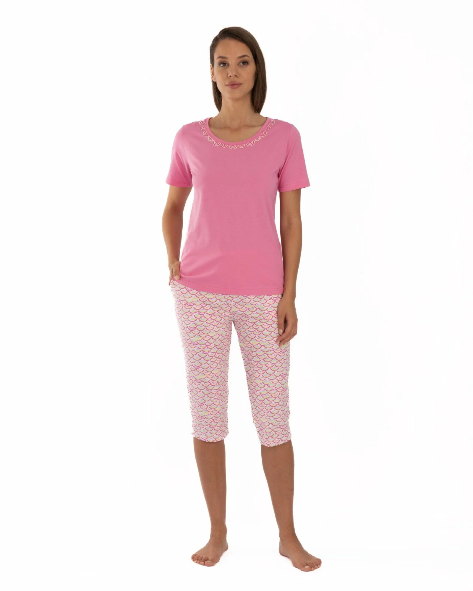 Pijama roz flamingo din bumbac cu decolteu decorat