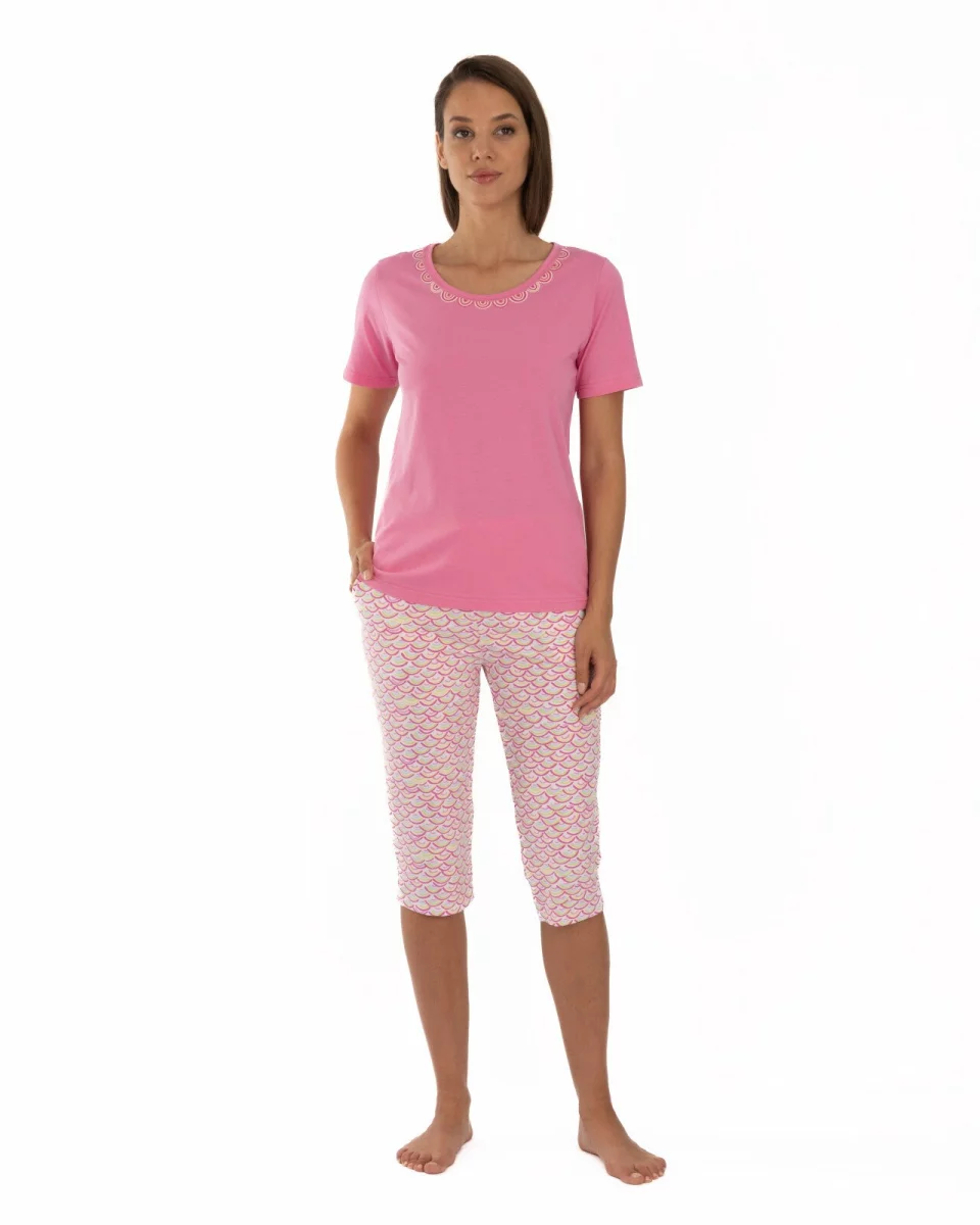 Pijama roz flamingo din bumbac cu decolteu decorat