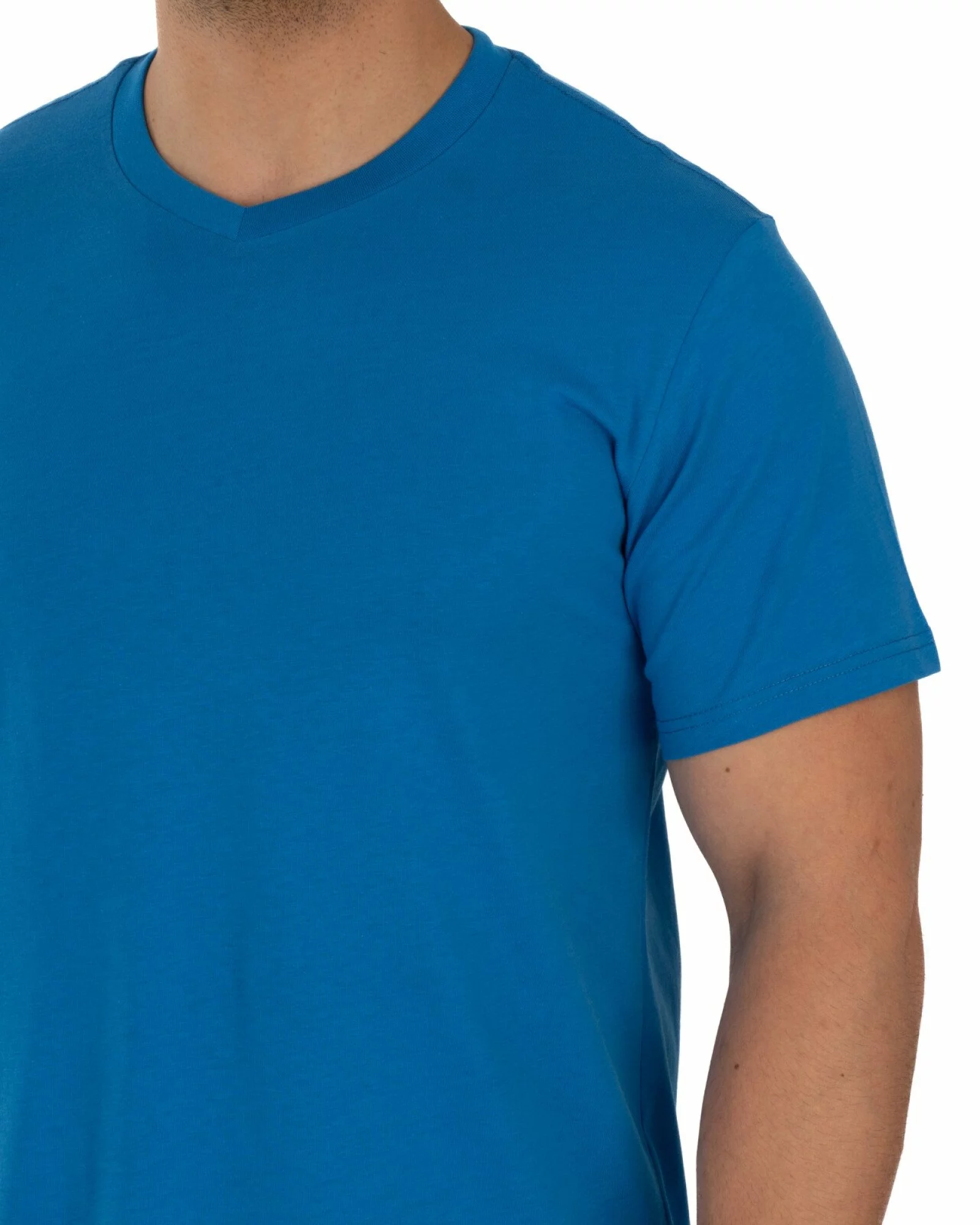 Tricou albastru bumbac decolteu V