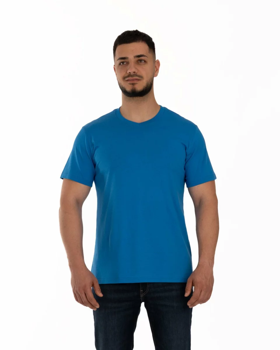 Tricou albastru bumbac decolteu V