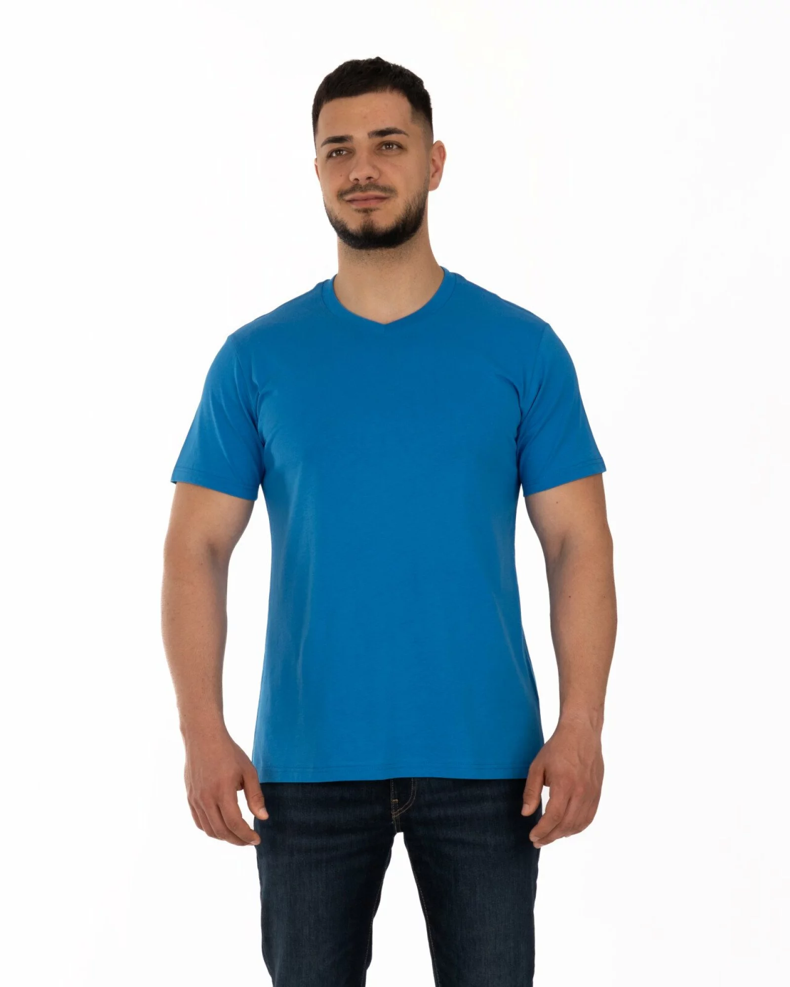 Tricou albastru bumbac decolteu V