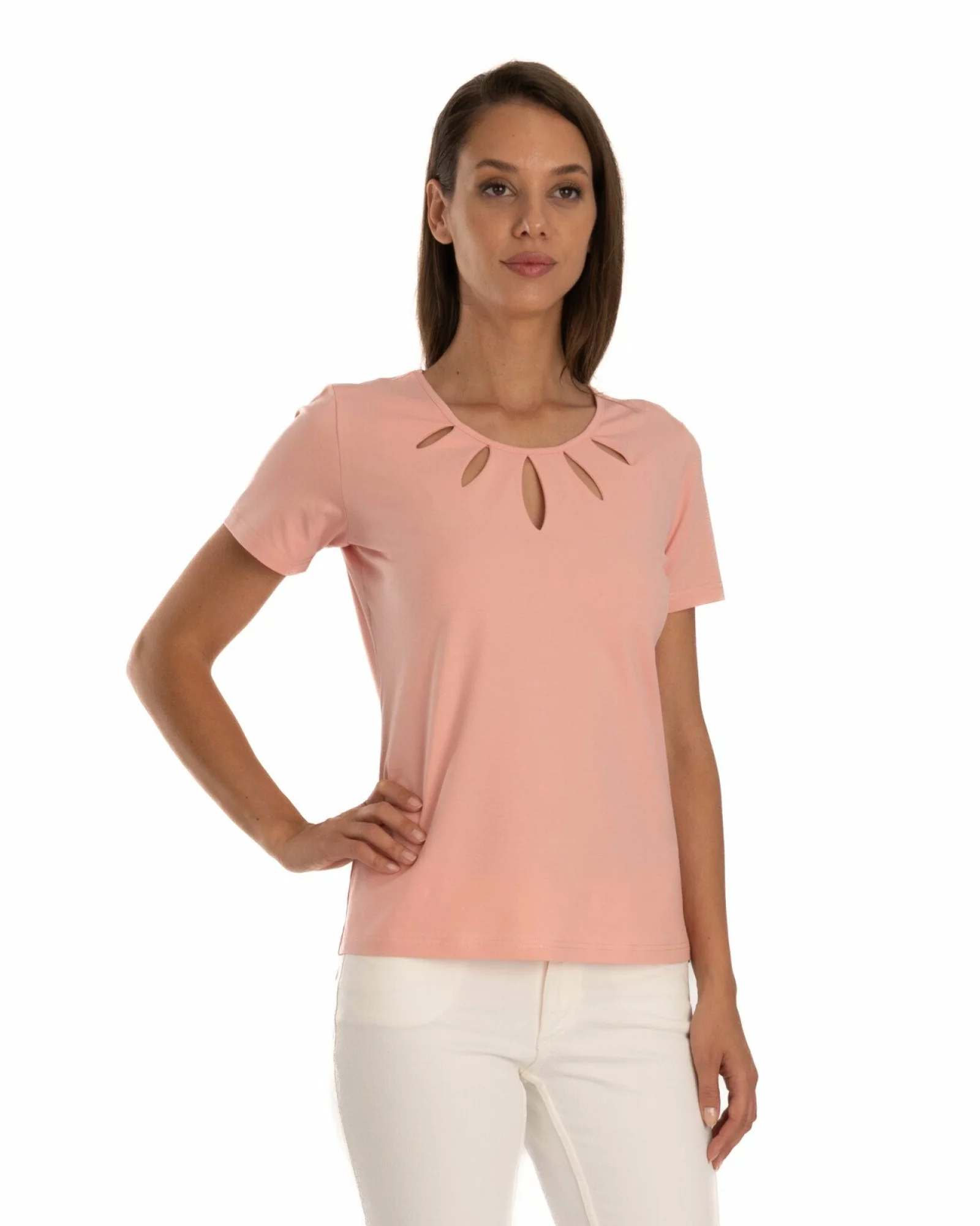 Tricou coral bumbac elastan cu decupaj la decolteu