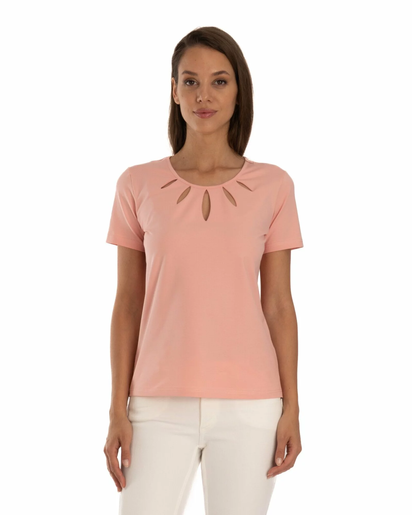 Tricou coral bumbac elastan cu decupaj la decolteu