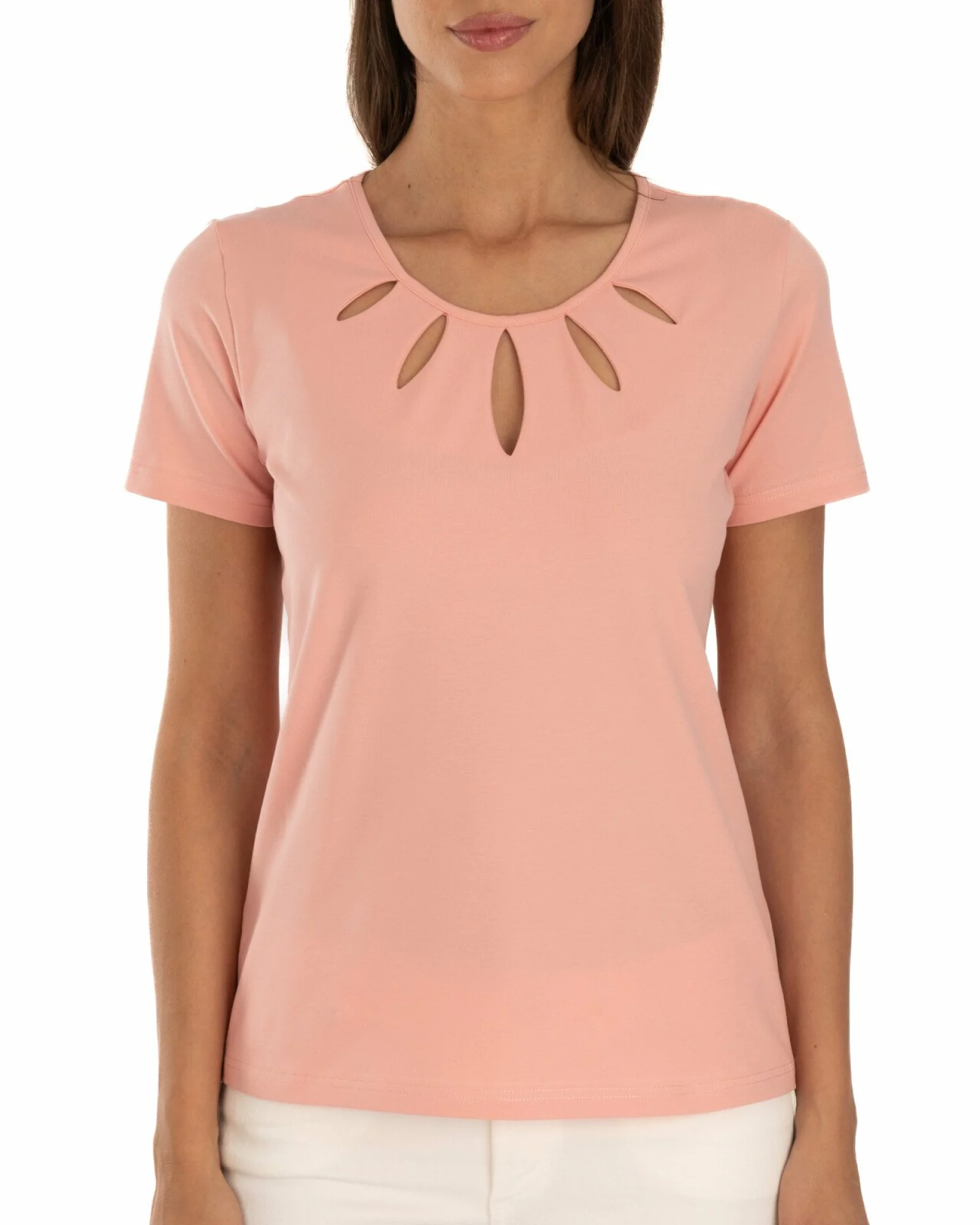 Tricou coral bumbac elastan cu decupaj la decolteu