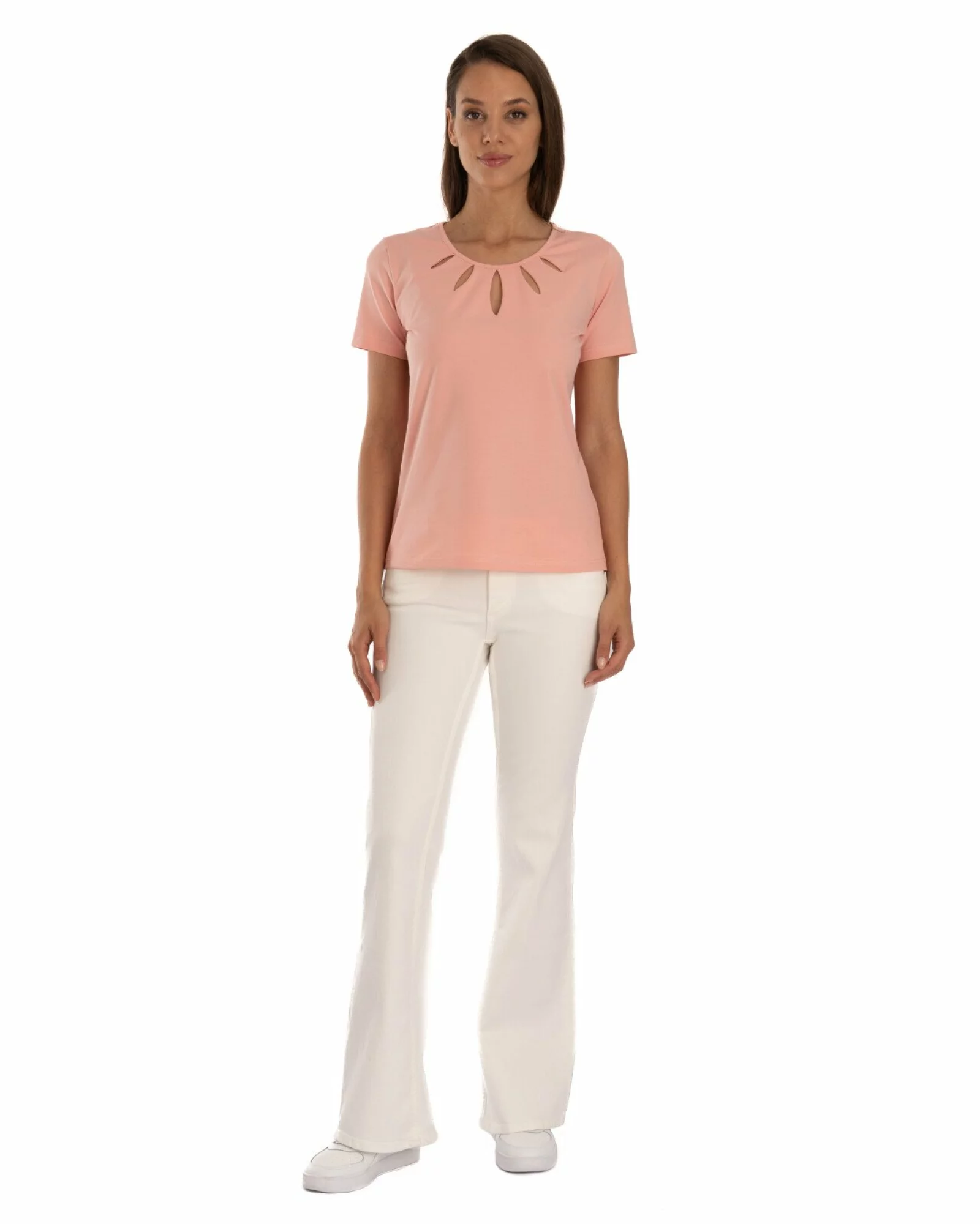 Tricou coral bumbac elastan cu decupaj la decolteu