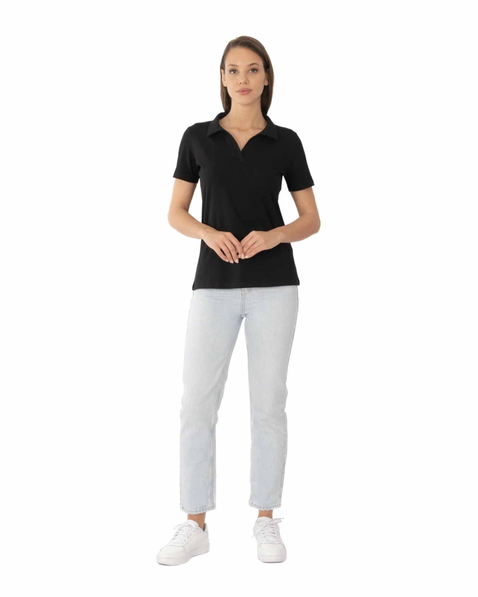 Tricou polo negru bumbac elastan fără nasturi