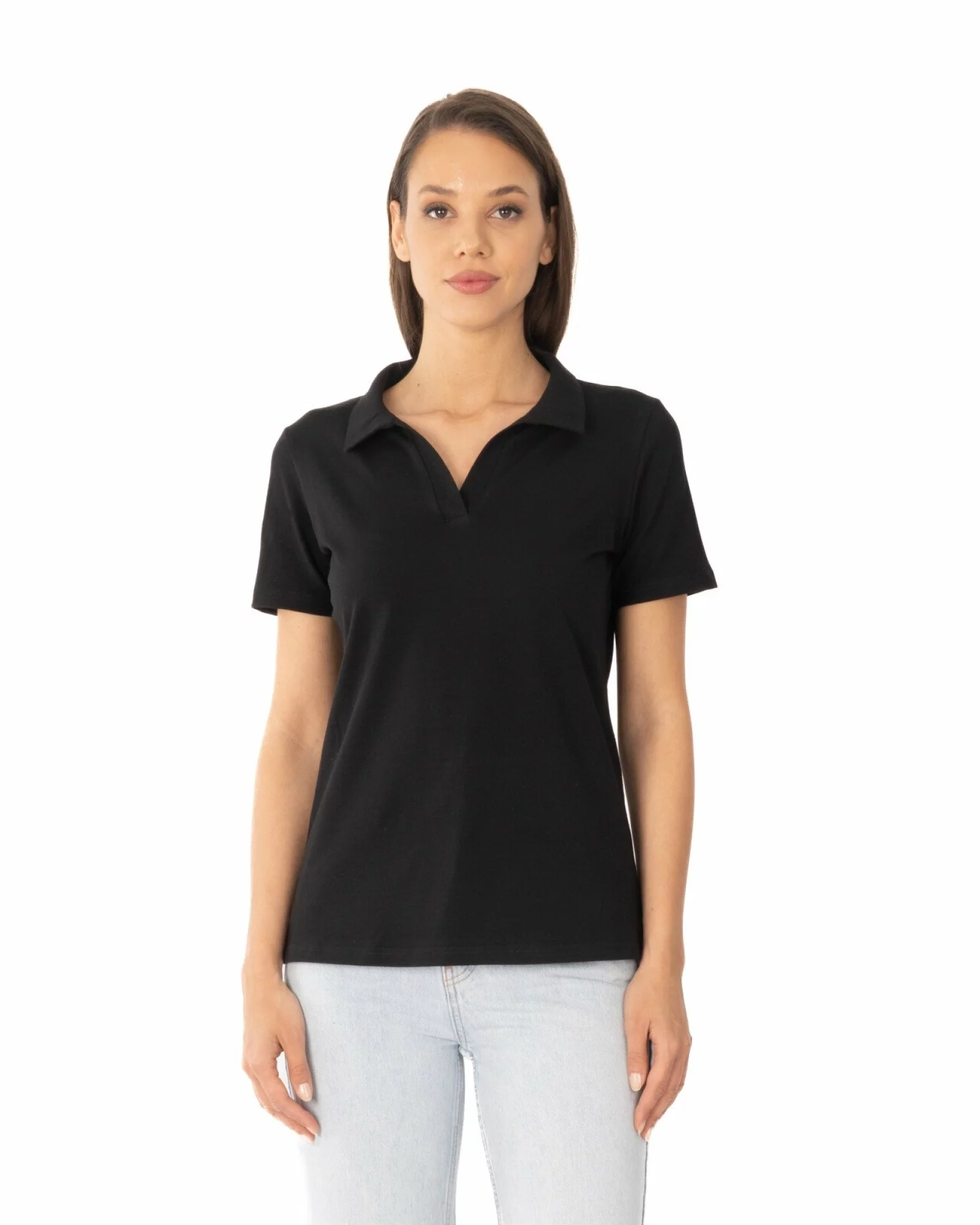 Tricou polo negru bumbac elastan fără nasturi