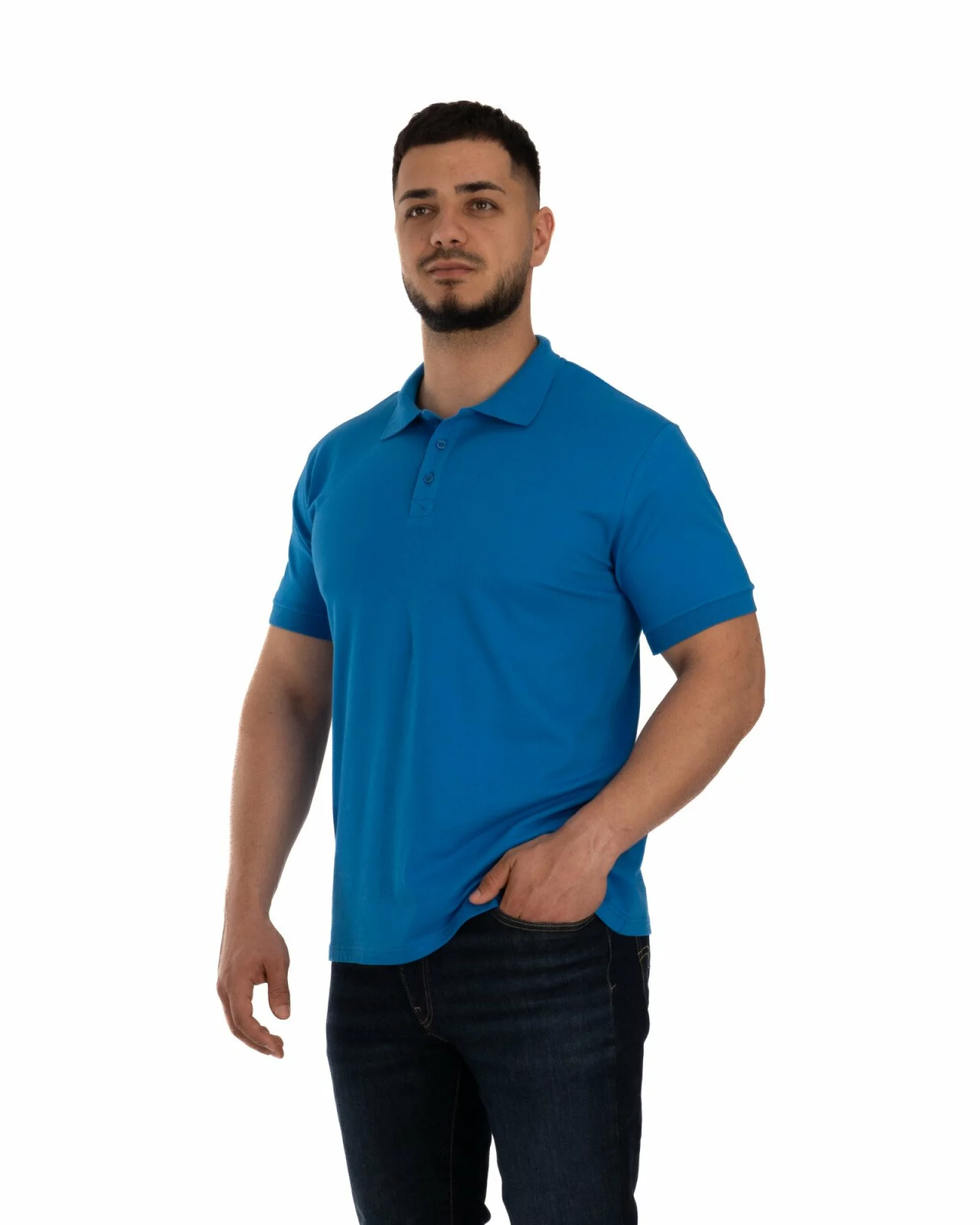Tricou polo pique albastru din bumbac cu inserție imprimată