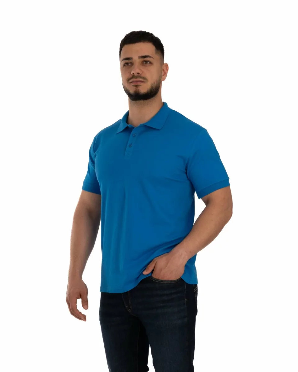 Tricou polo bărbați albastru, din bumbac piqué, cu inserție imprimată