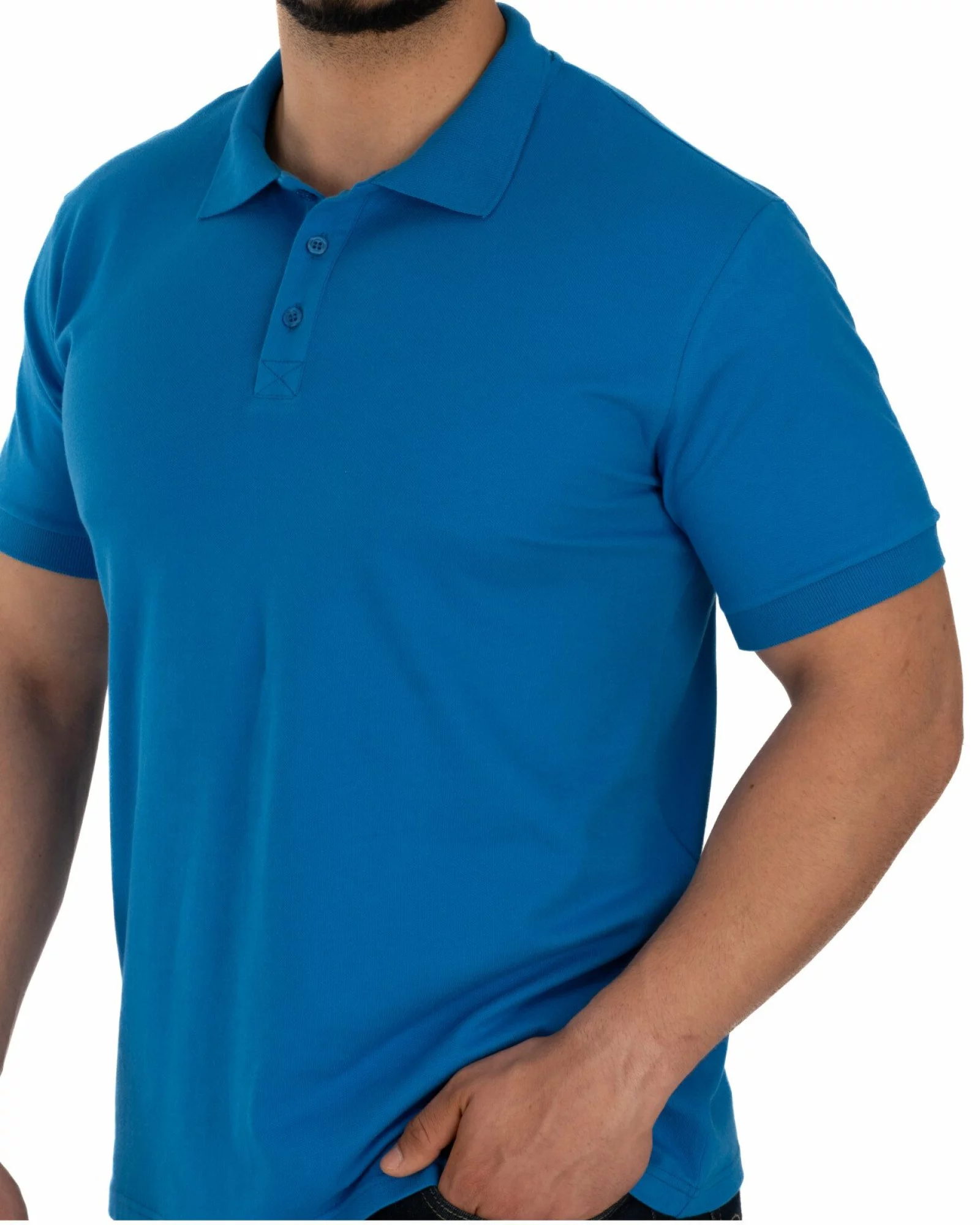 Tricou polo pique albastru din bumbac cu inserție imprimată