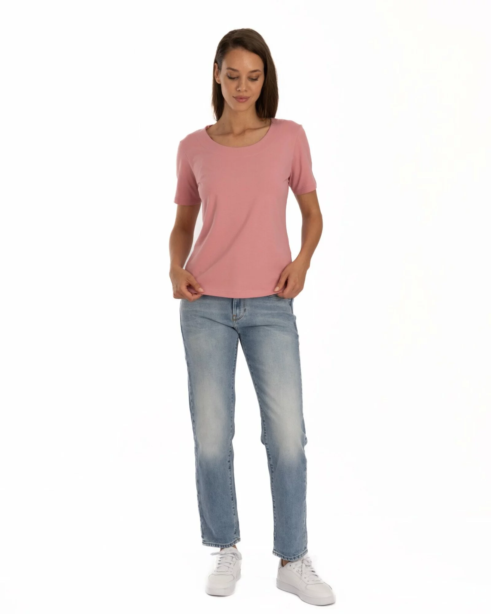 Tricou roz pudrat din bumbac elastan cu decolteu conturat