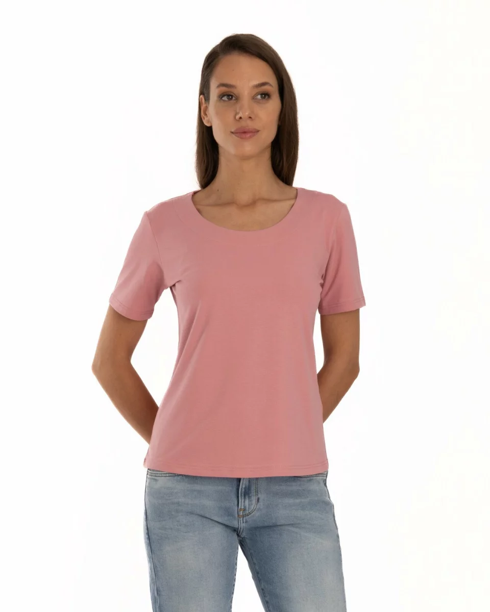 Tricou roz pudrat din bumbac elastan cu decolteu conturat