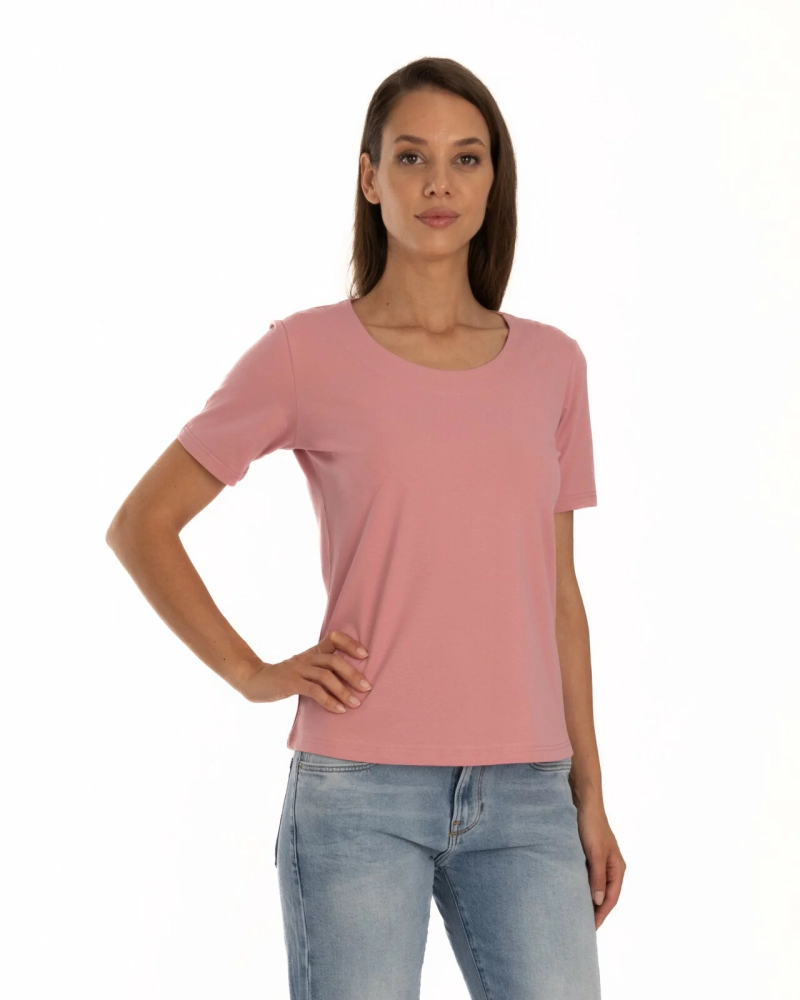 Tricou roz pudrat din bumbac elastan cu decolteu conturat