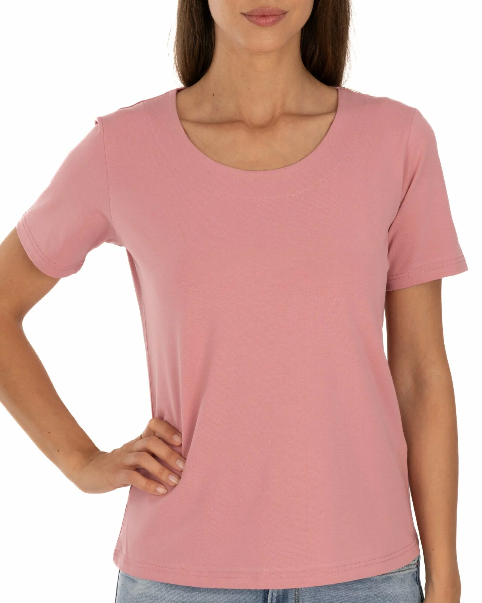 Tricou roz pudrat din bumbac elastan cu decolteu conturat